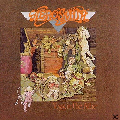 Albumcover: Aerosmith 'Toys in the Attic', Cartoon-Spielzeug, brauner Hintergrund.