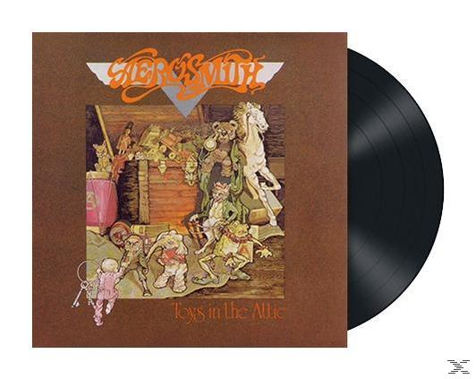 Aerosmith 'Toys in the Attic' Albumcover, mit einer Fantasieszene mit Spielzeug und einer Schallplatte.
