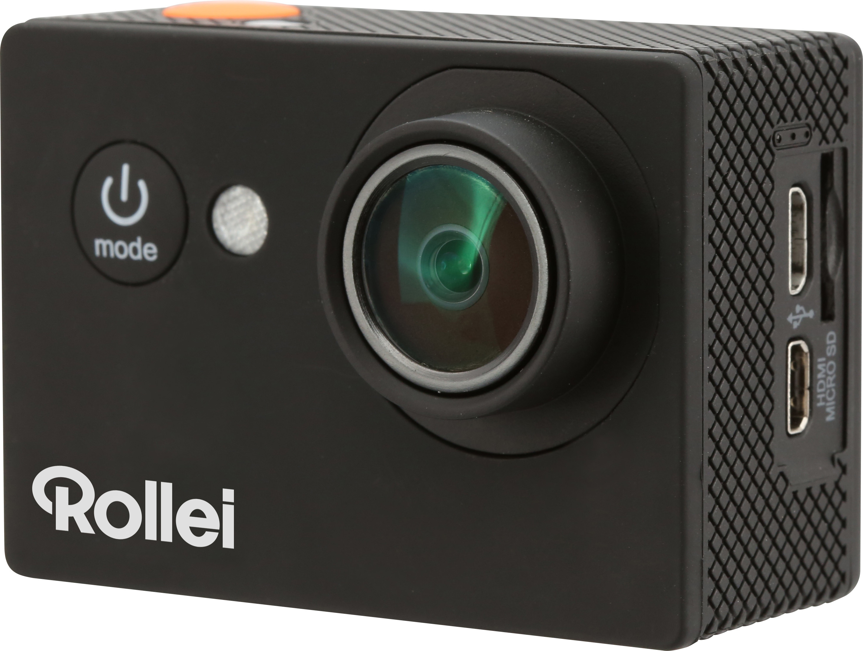 Schwarze Action-Kamera mit Linse, Knöpfen und Anschlüssen. Das Wort 'Rollei' ist gedruckt.