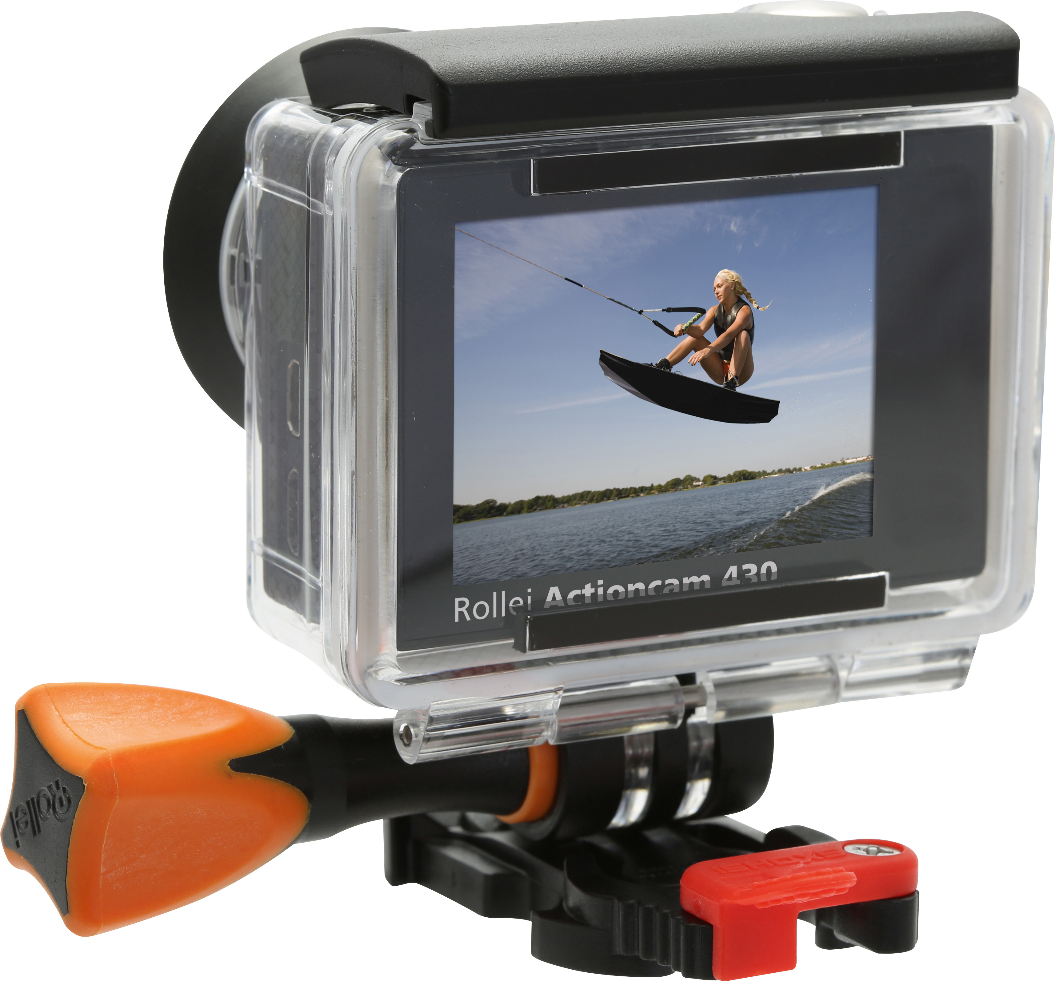 Rollei Actioncam 430 in einem wasserdichten Gehäuse mit Halterung, die einen Kitesurfer zeigt.