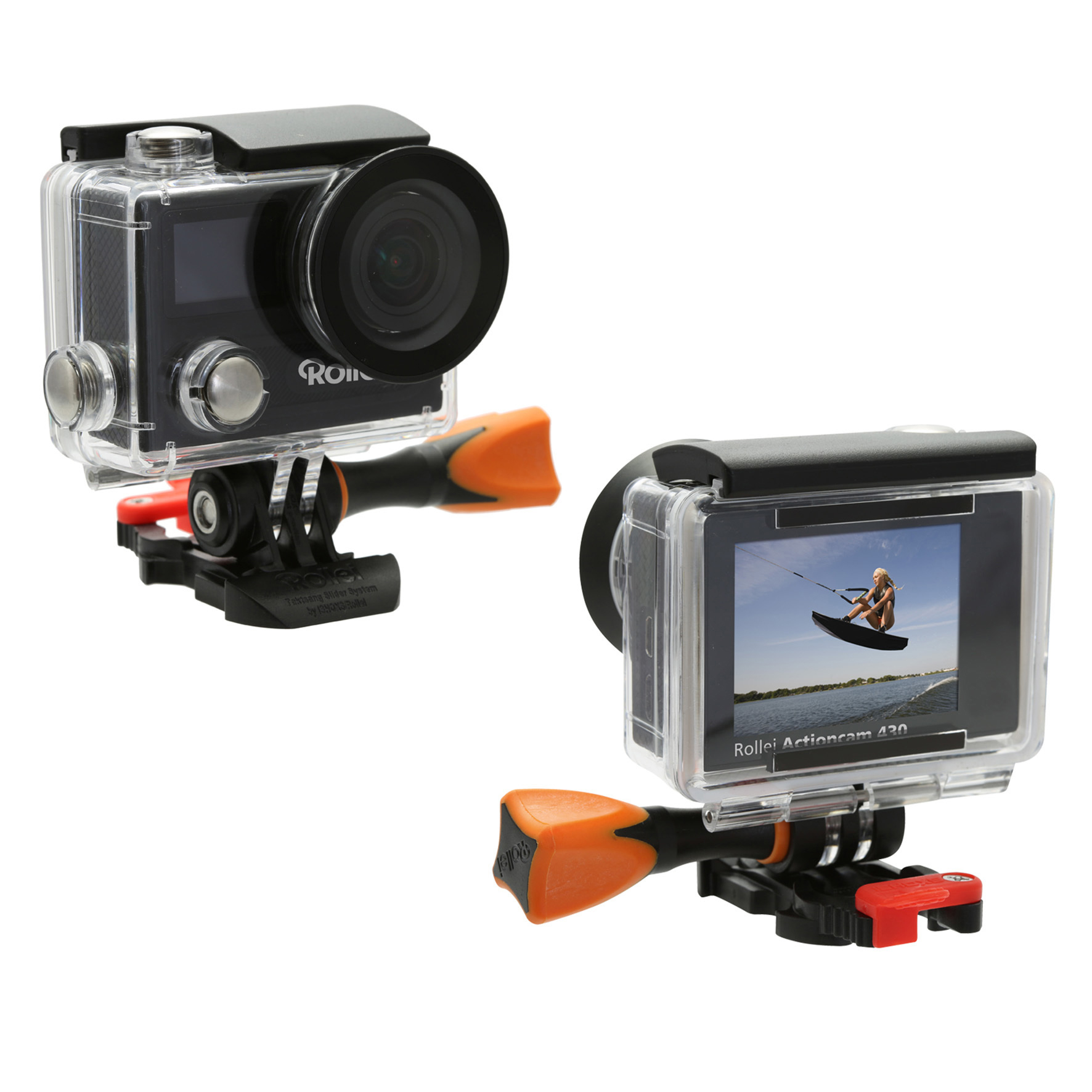 Zwei Rollei Actioncams in transparentem Gehäuse mit orange-schwarzen Halterungen auf weißem Hintergrund.