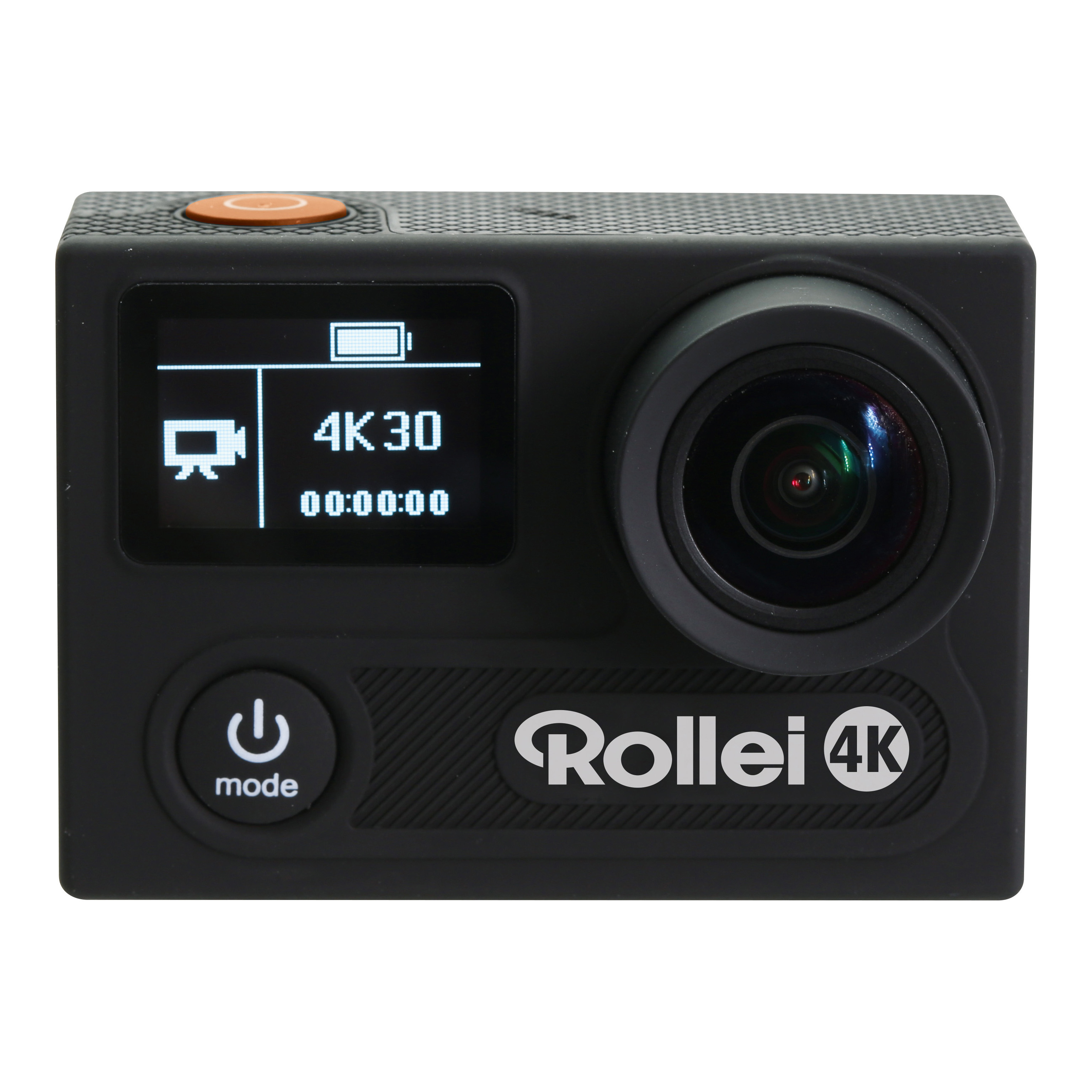 Eine schwarze Rollei 4K Action-Kamera mit beleuchtetem Bildschirm, der 4K 30 anzeigt, großer Linse und Modustaste.