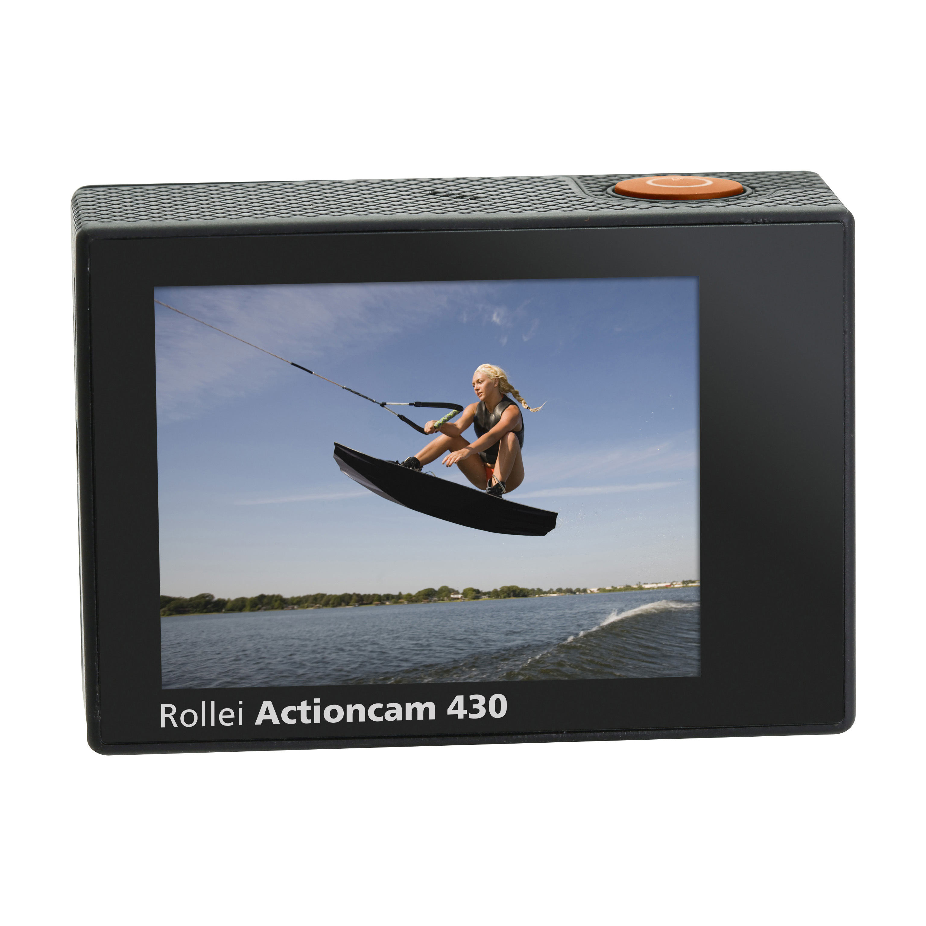 Rollei Actioncam 430 zeigt ein Foto eines Wakeboarders, der unter blauem Himmel über Wasser springt.