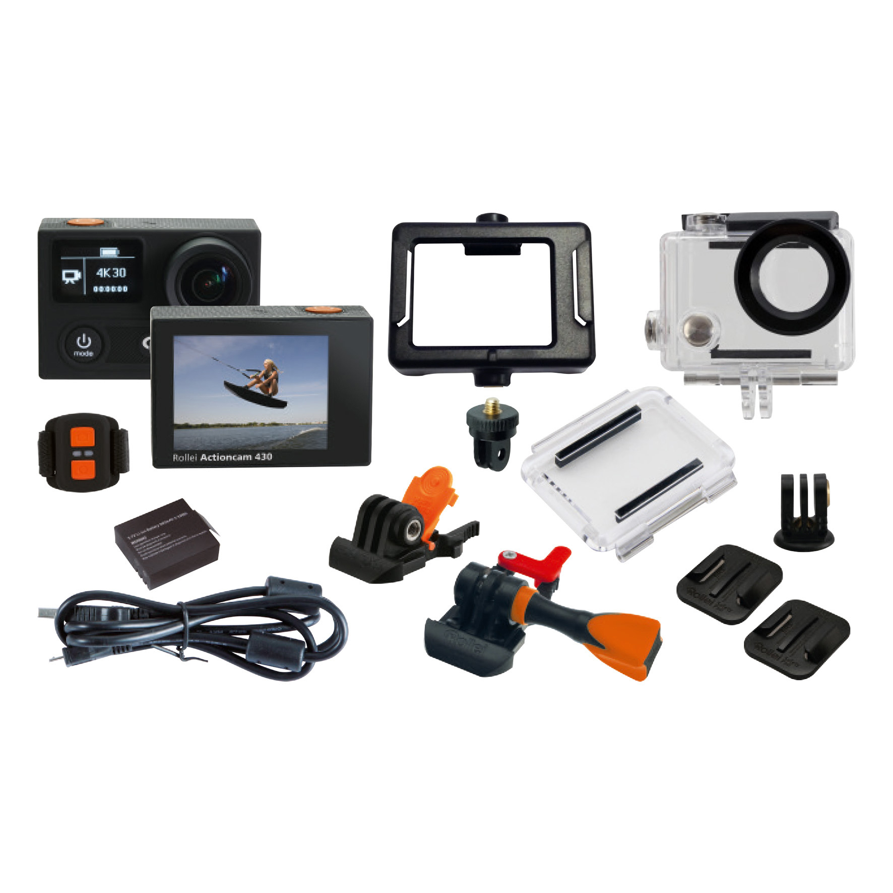 Schwarze Actioncam mit Gehäuse, Akku, Kabel und verschiedenen Befestigungen auf weißem Hintergrund.