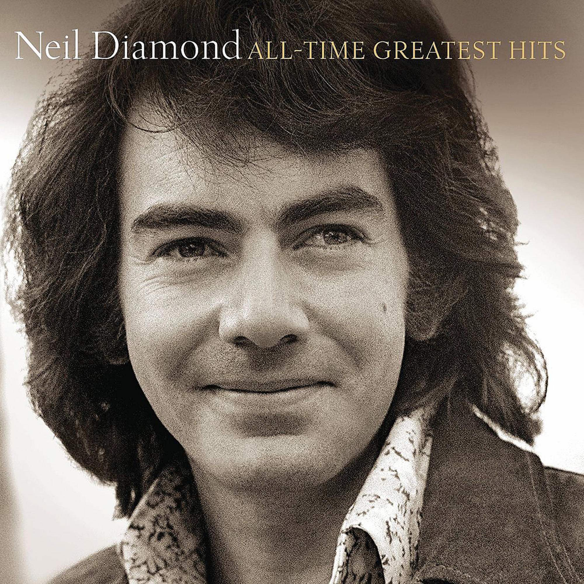 Albumcover von Neil Diamond, mit einer Nahaufnahme seines Gesichts und dem Titel 'All-Time Greatest Hits'.