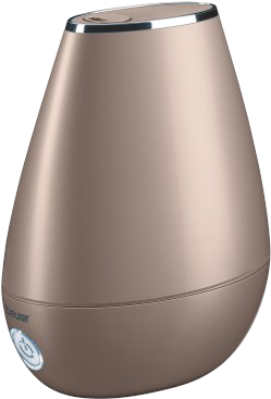 Ein brauner, tropfenförmiger Luftbefeuchter mit silbernem Deckel und Ein/Aus-Taste.