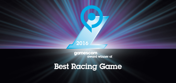 Gamescom 2016 Auszeichnung, Bestes Rennspiel, blaues Logo auf lila Strahlen.