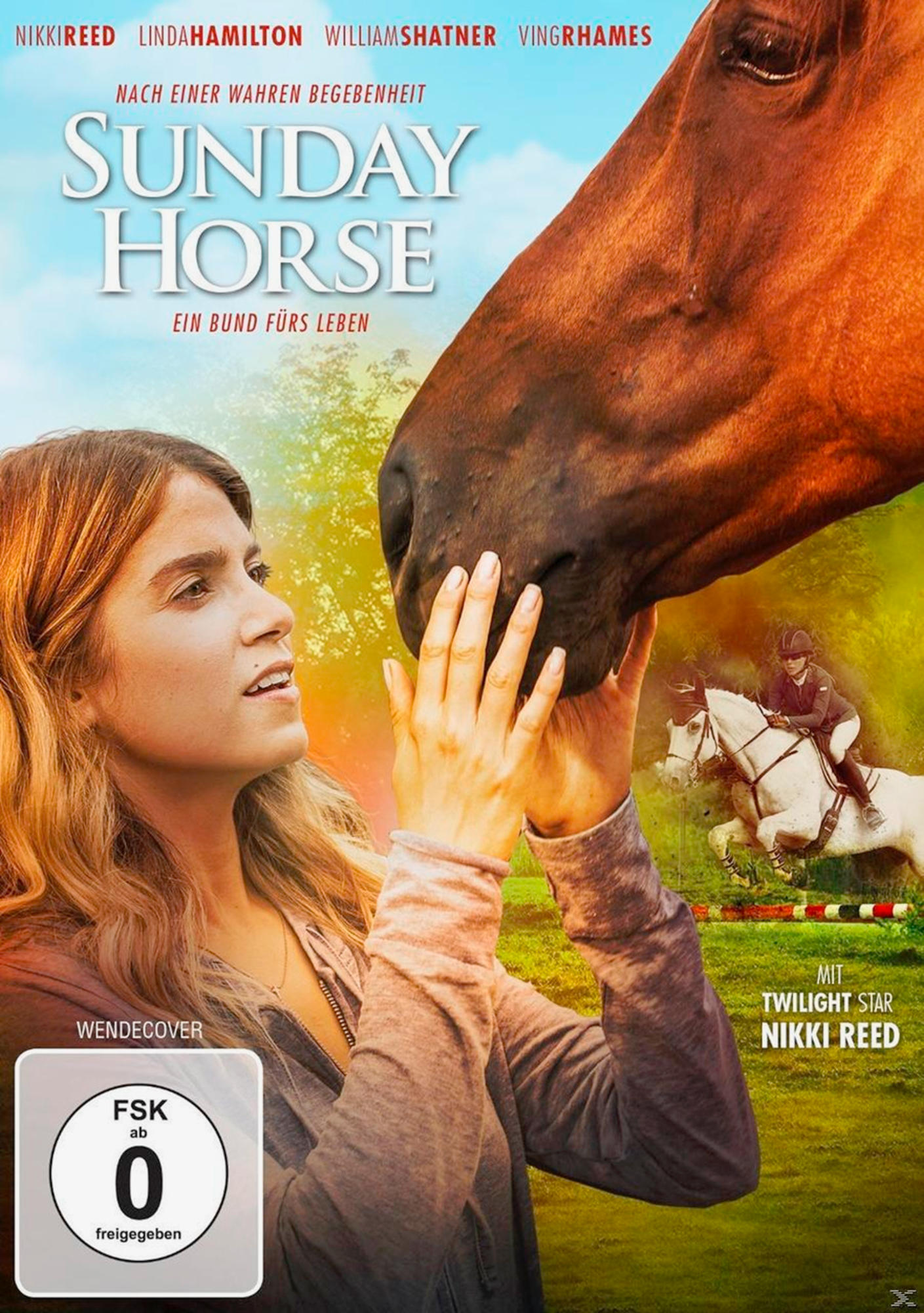 Filmposter mit einer Frau und einem Pferd. Der Text enthält den Filmtitel 'Sunday Horse'.
