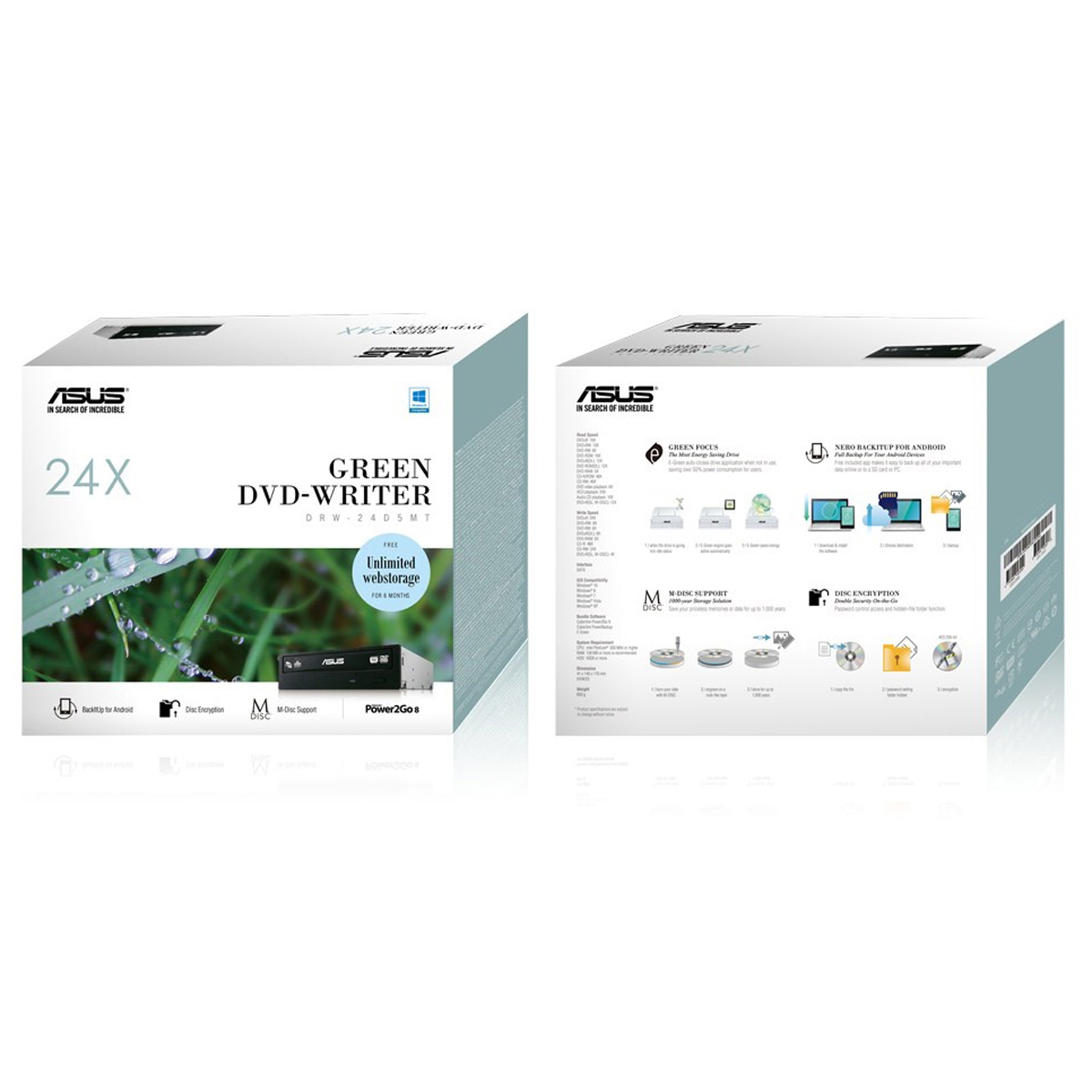 Zwei weiße und grüne Kartons mit dem ASUS-Logo. Text: Green DVD Writer. Die Kartons stehen auf weißem Untergrund.