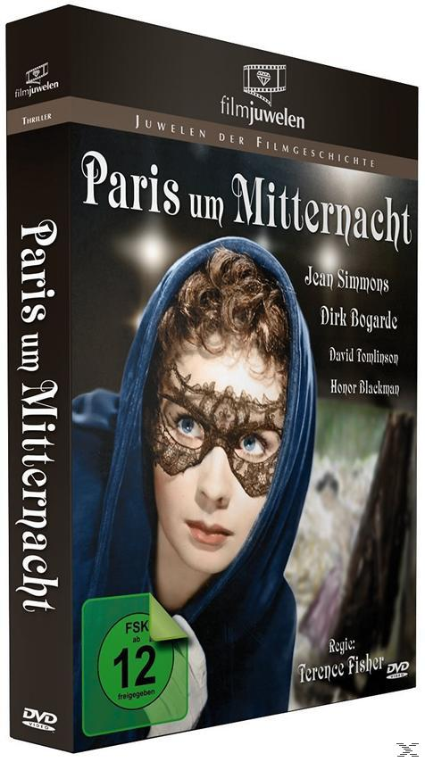 DVD-Cover für 'Paris um Mitternacht' mit einer Frau, die eine Spitzenmaske trägt.