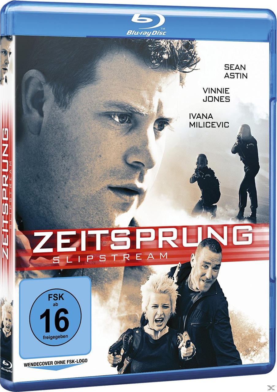Filmcover für 'Zeitssprung' mit Schauspielern, Bewertungssymbol und blauem Case, Mann mit Waffe.