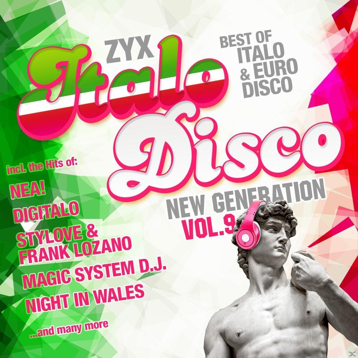 Albumcover mit einer Statue mit rosa Kopfhörern und den Worten "Italo Disco" in Rosa.