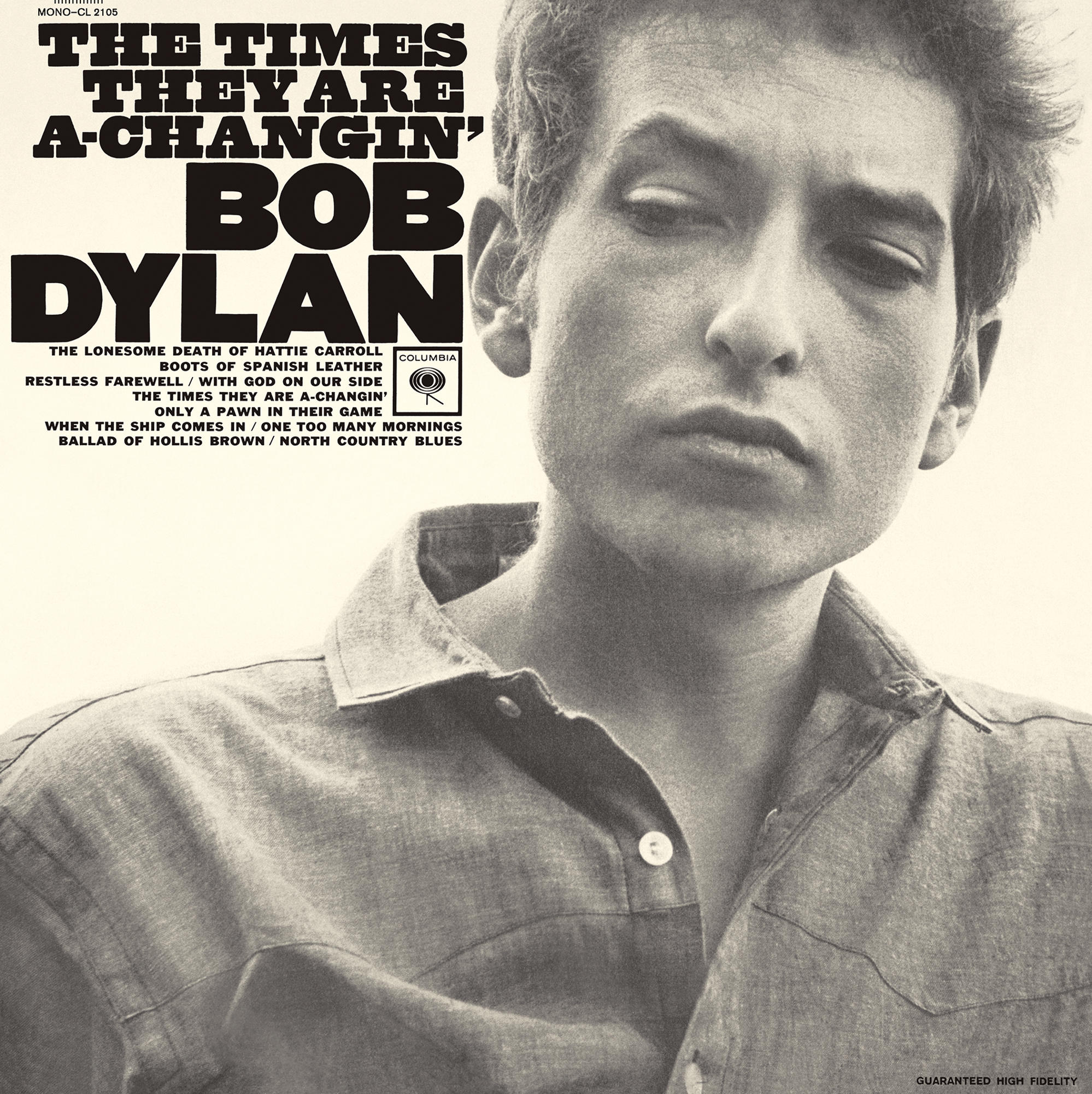 Albumcover von Bob Dylan. Er schaut den Betrachter an. Text: "The Times They Are A-Changin'".