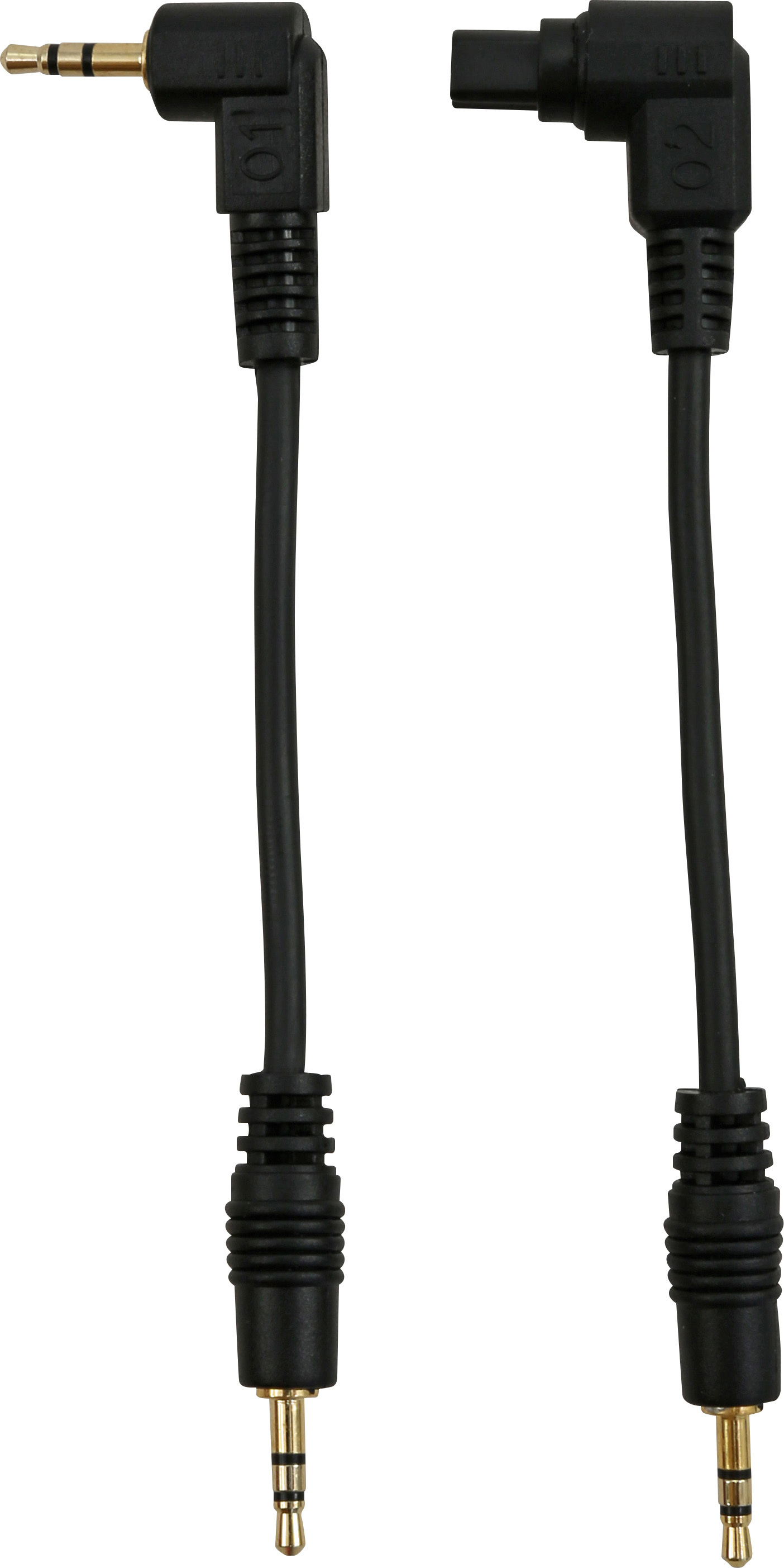 Zwei schwarze Audiokabel mit rechtwinkligen Steckern.