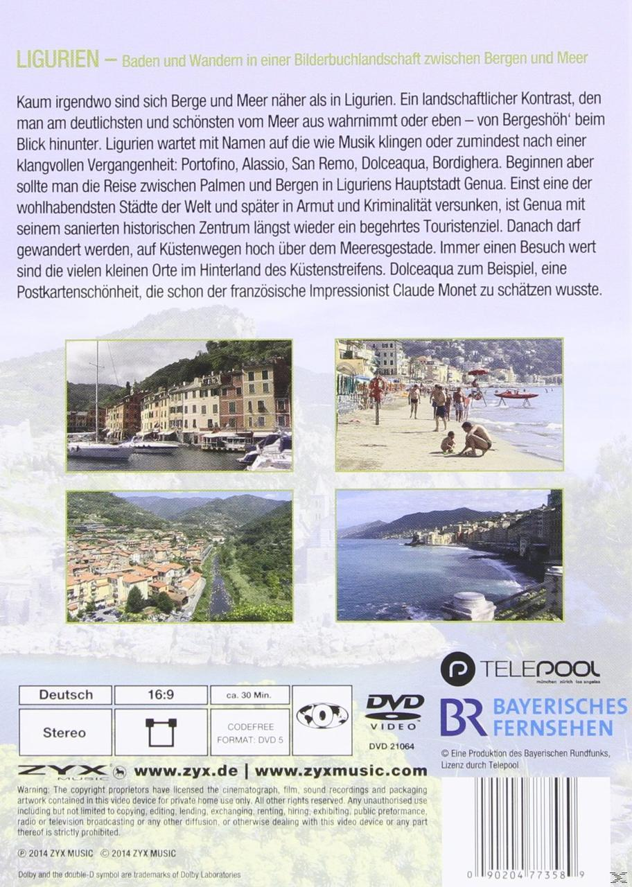 DVD-Hülle für 'Ligurien', zeigt Küstenszenen und Text auf Deutsch, mit Bildern der Küste.