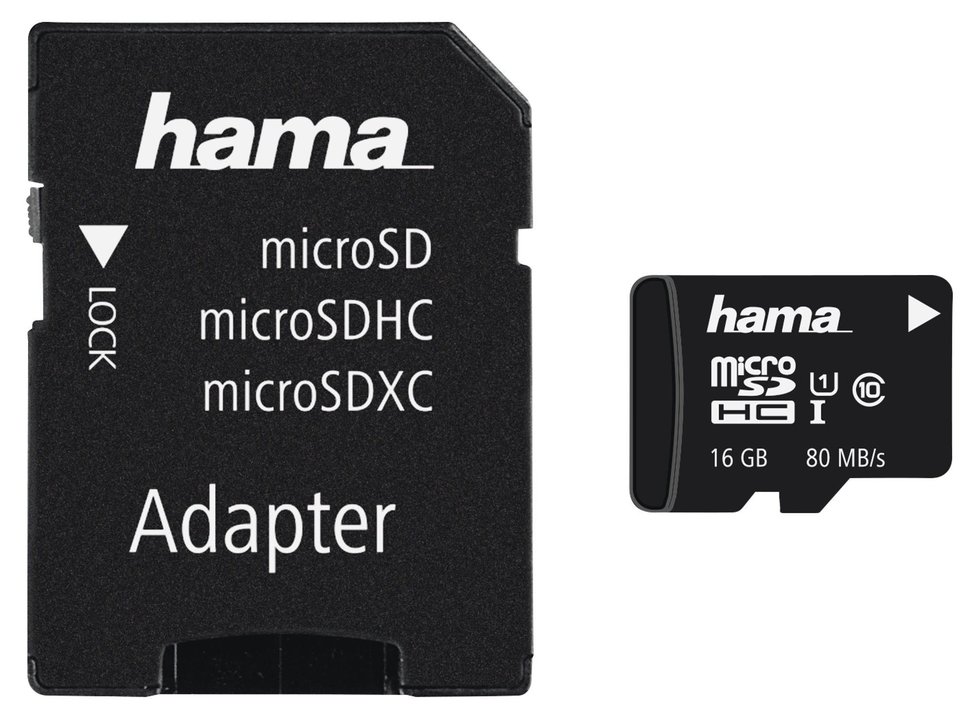 Schwarzer Hama microSD-Adapter und microSD-Karte. Adapter hat microSD, microSDHC, microSDXC-Etiketten.