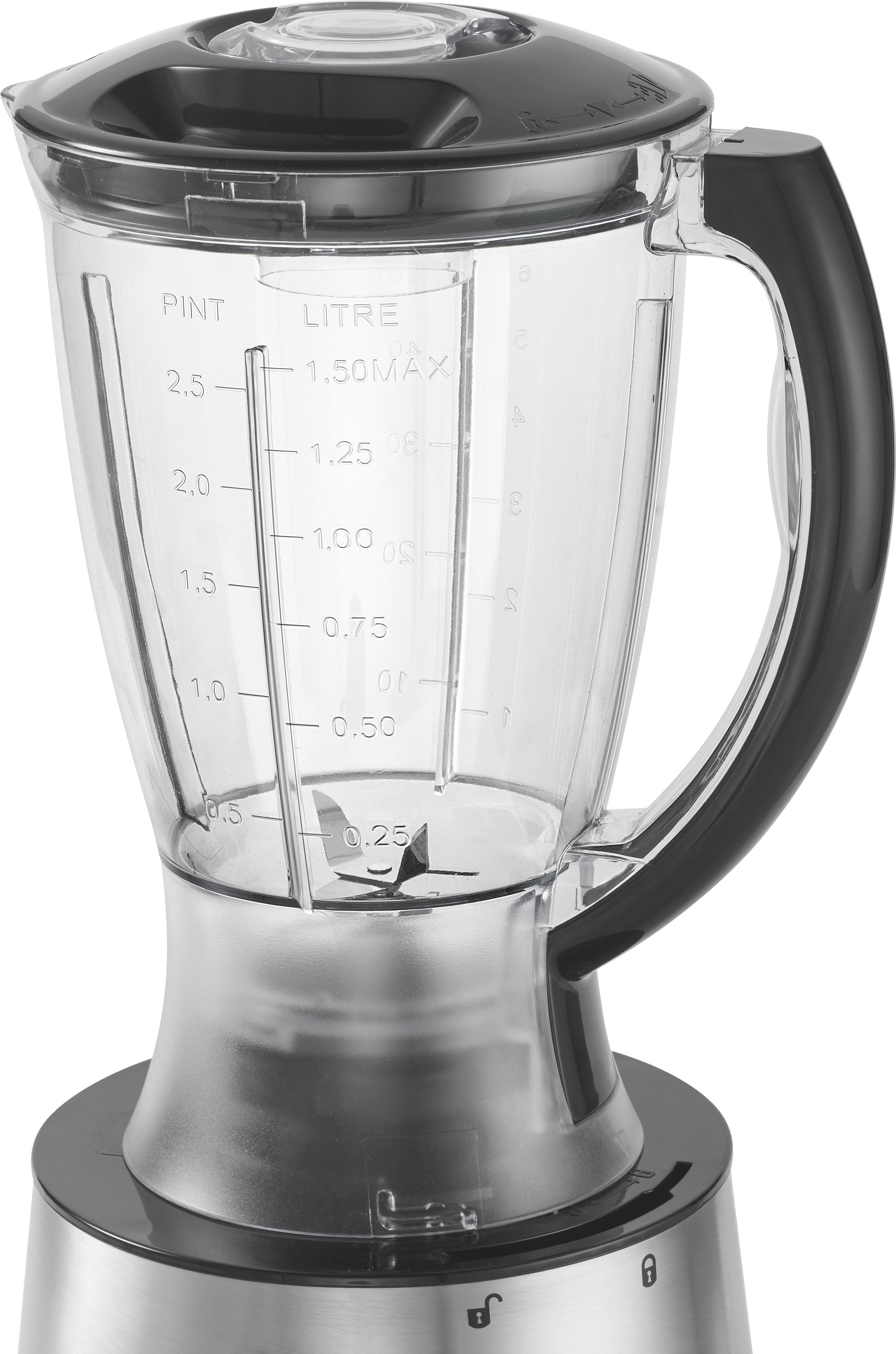 Ein Mixer mit einem transparenten Behälter und einem schwarzen Griff.