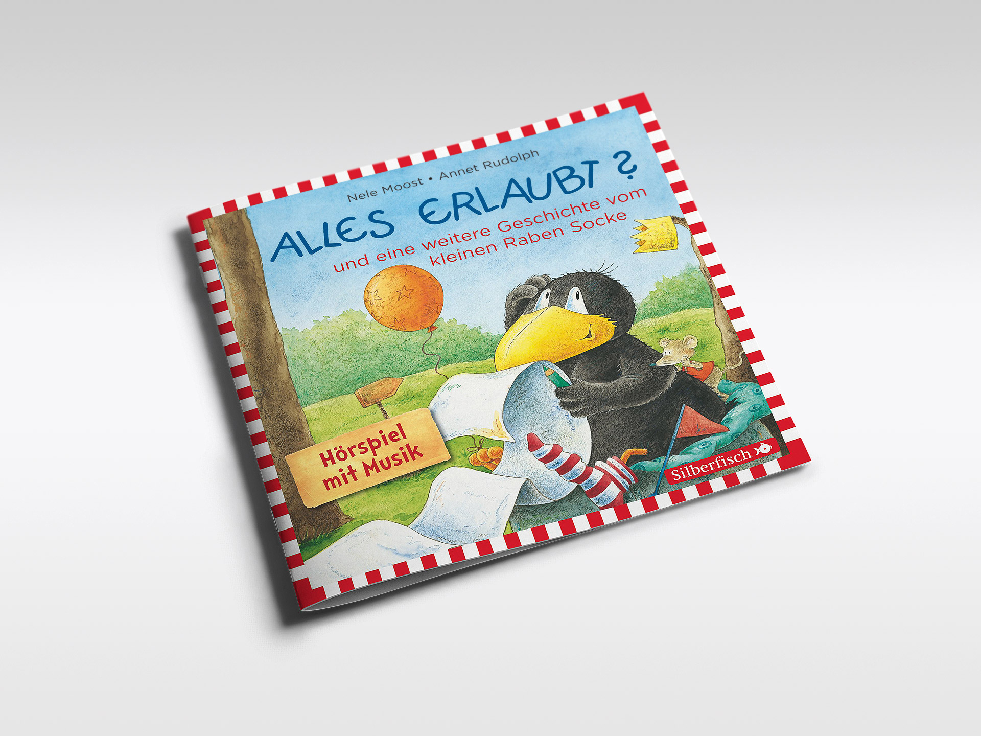 Buchcover mit einem Cartoon-Raben, einem Ballon und Text.