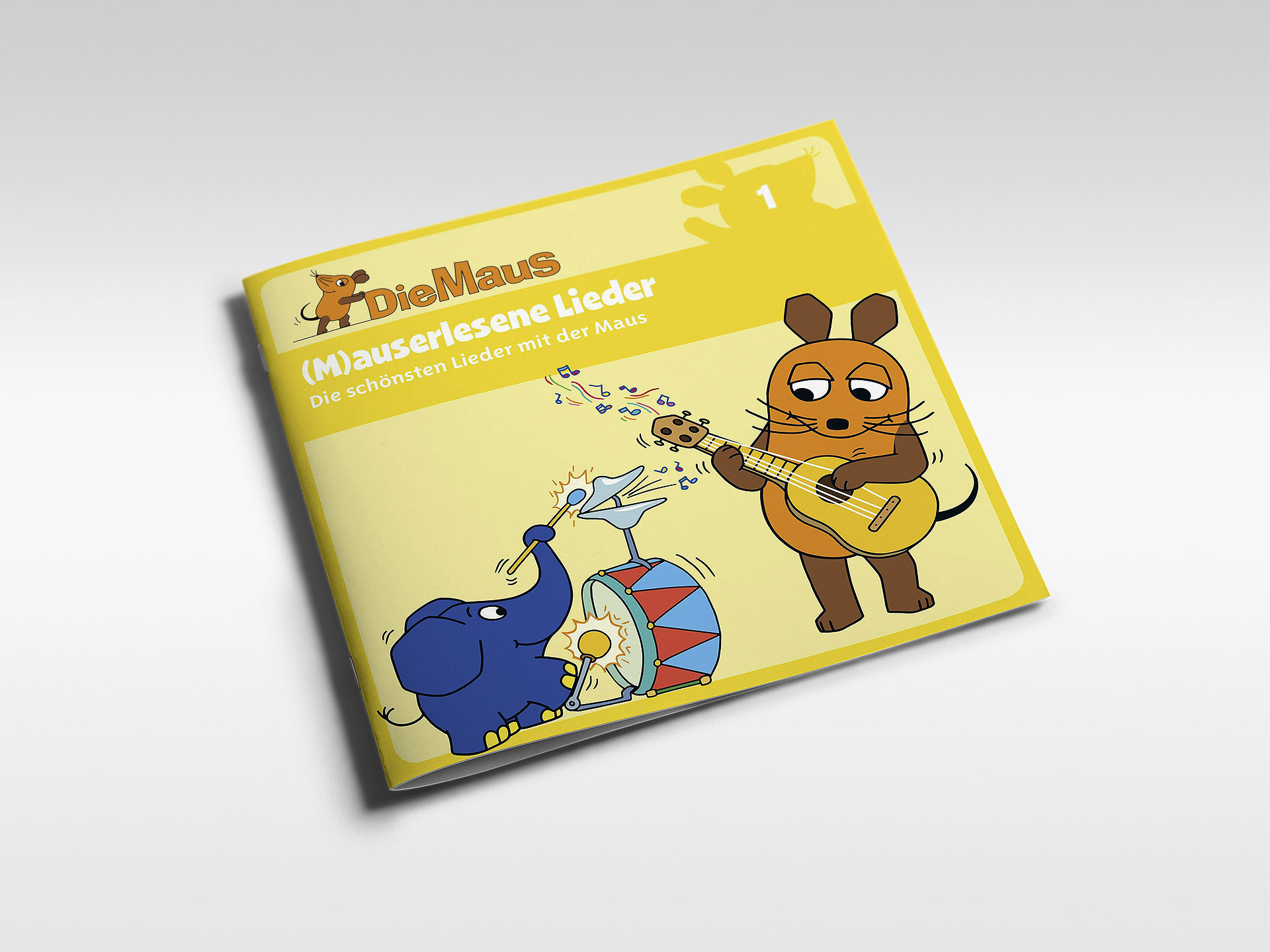 Buchcover: Cartoon-Maus und Elefant mit Musikinstrumenten auf gelbem Hintergrund.