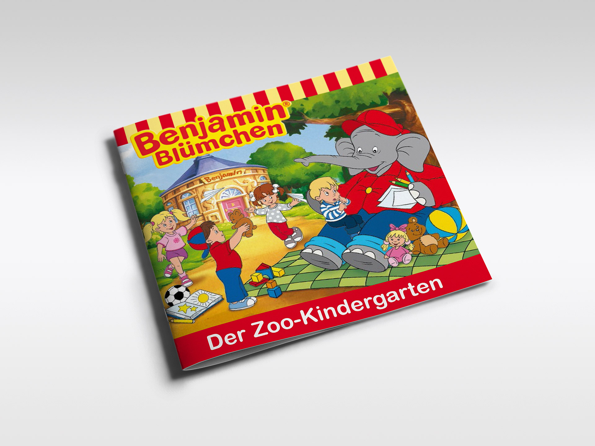 Buchcover für 'Benjamin Blümchen'. Zeigt einen Elefanten und Kinder im Zoo.