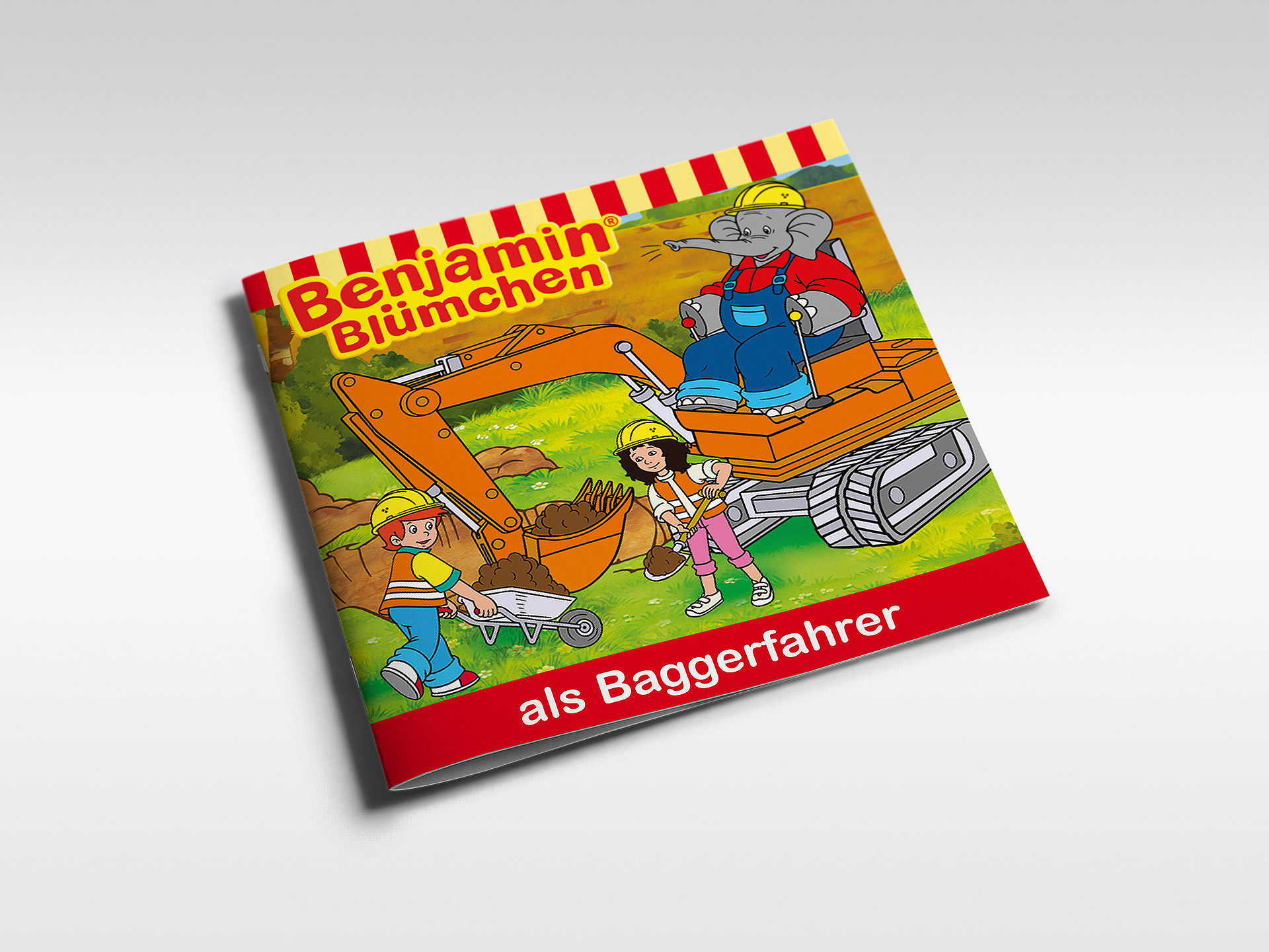 Kinderbuchcover: Benjamin Blümchen, als Baggerfahrer. Ein Elefant fährt einen Bagger.