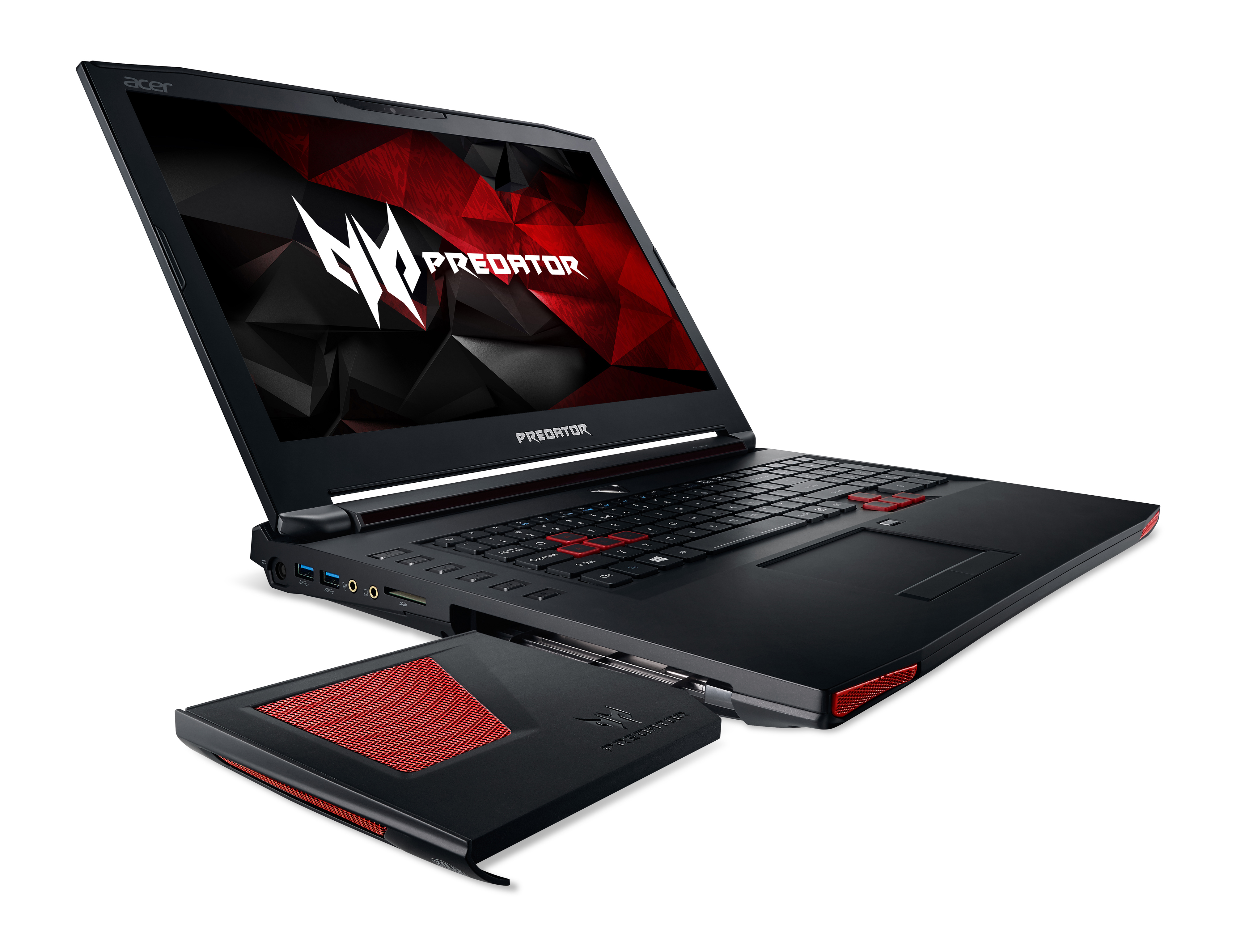 Schwarzer Laptop mit rotem Design und separates Pad auf weißer Oberfläche.