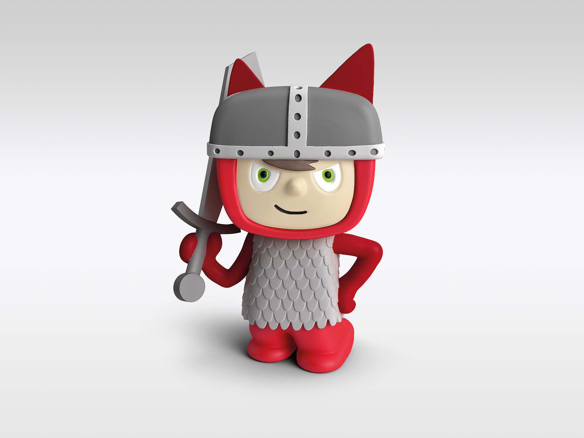 Cartoon-Ritterfigur mit rotem Outfit, grauem Helm und Schwert.