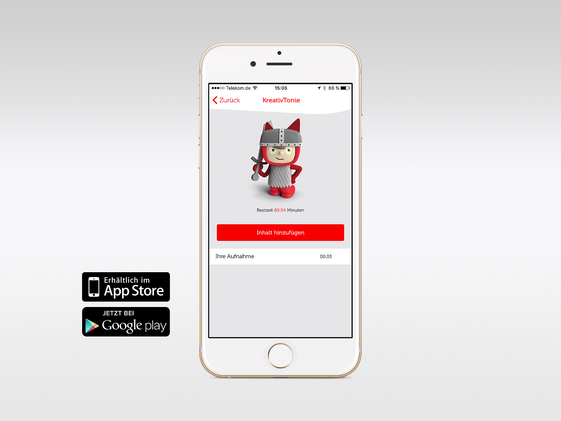 Smartphone mit einem Cartoon-Wikinger, App-Oberfläche und App-Store-Links.