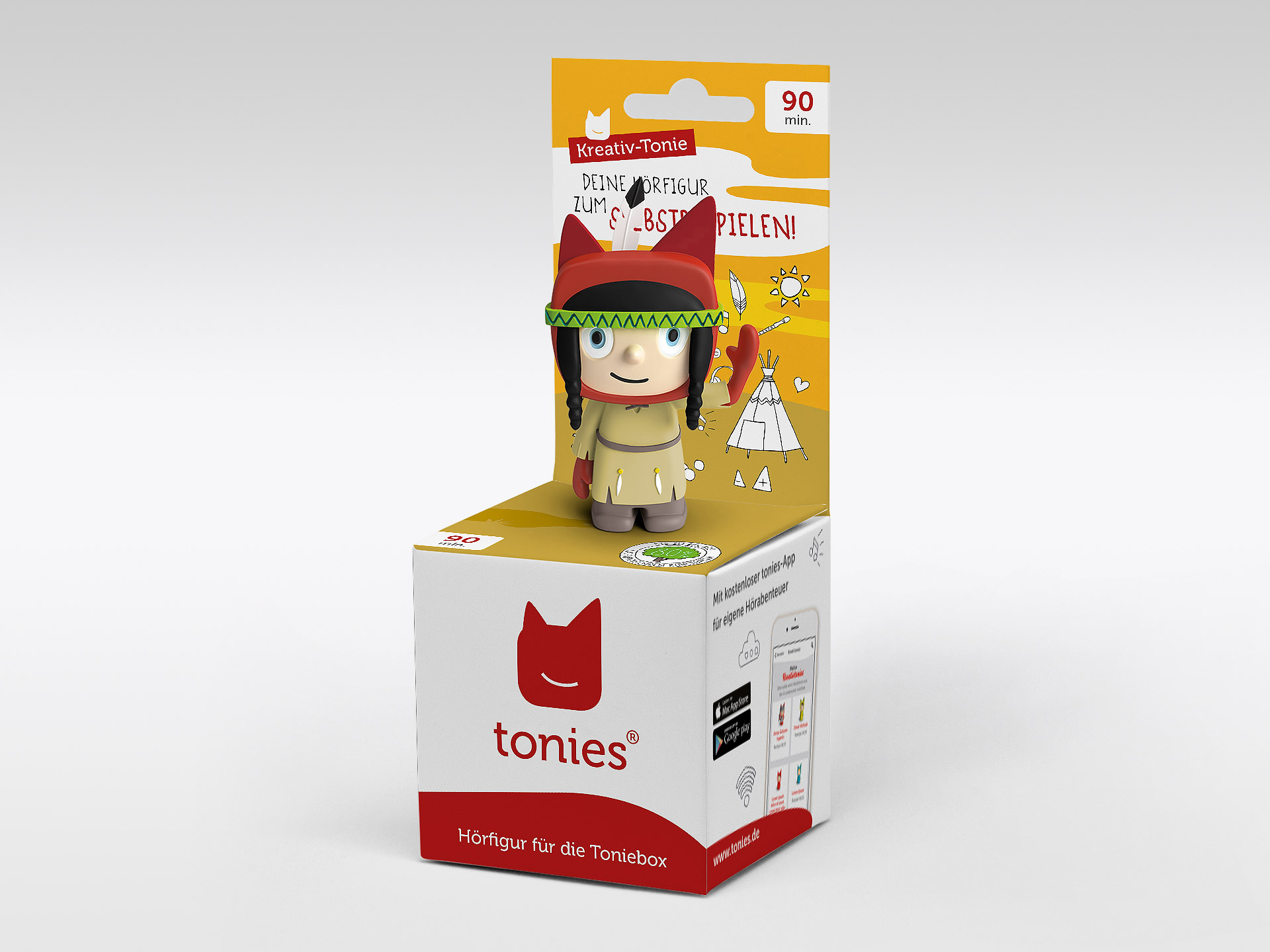 Ein Toniebox-Spielzeug mit einer indianischen Figur. Die Box hat Text und Branding.