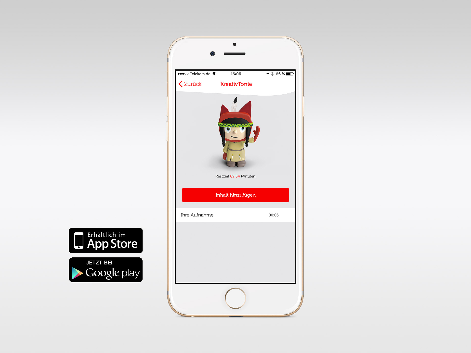 Ein Telefonbildschirm zeigt eine Zeichentrickfigur mit indianischem Kopfschmuck, mit App Store-Symbolen.