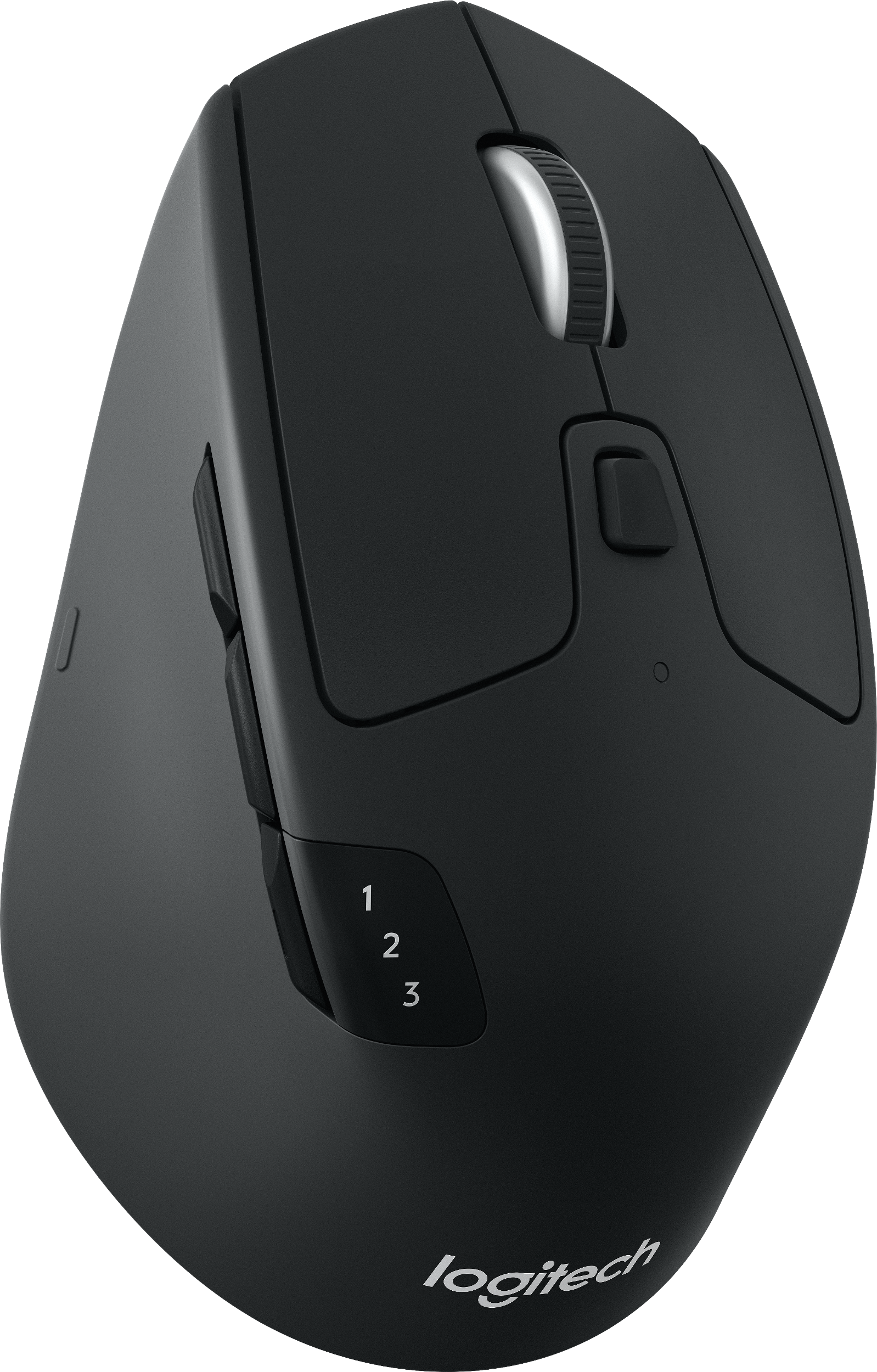 Schwarze Computermaus, mehrere Tasten und Scrollrad, mit dem Logitech-Logo.