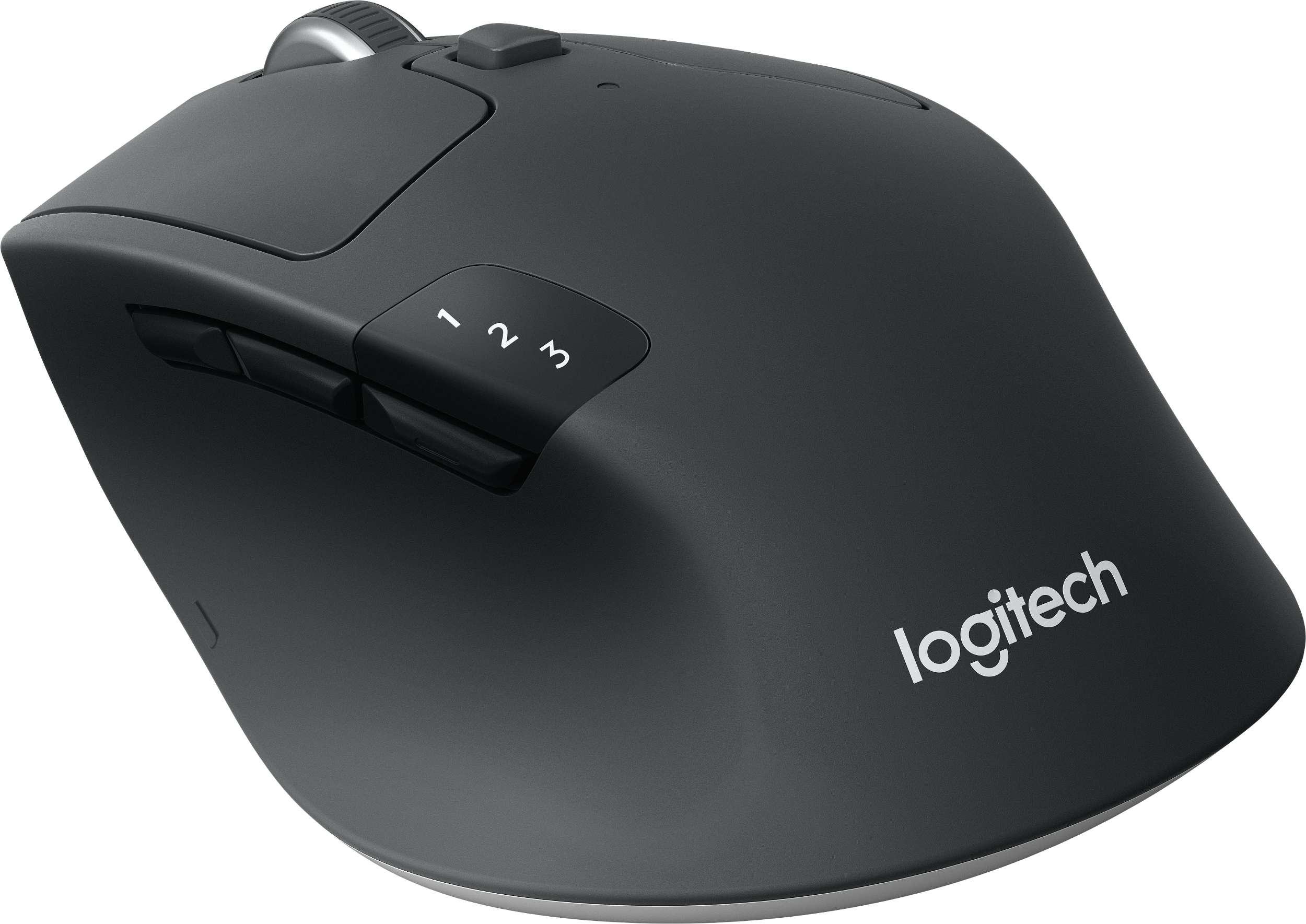 Schwarze Logitech-Maus mit mehreren Tasten, einschließlich Scrollrad und Seitentasten.