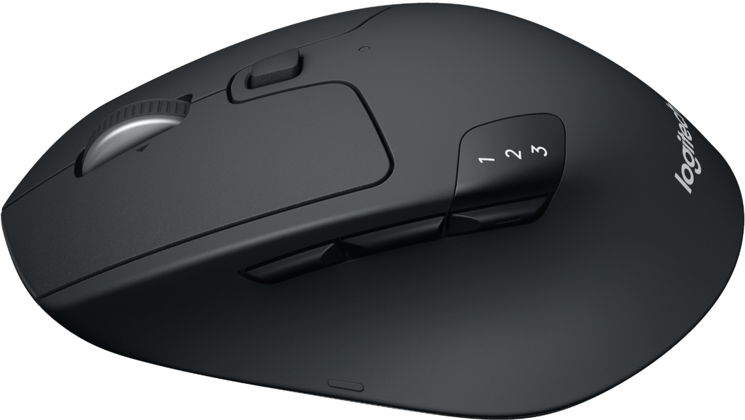Schwarze ergonomische Maus mit Tasten, Scrollrad und Logitech-Marke.