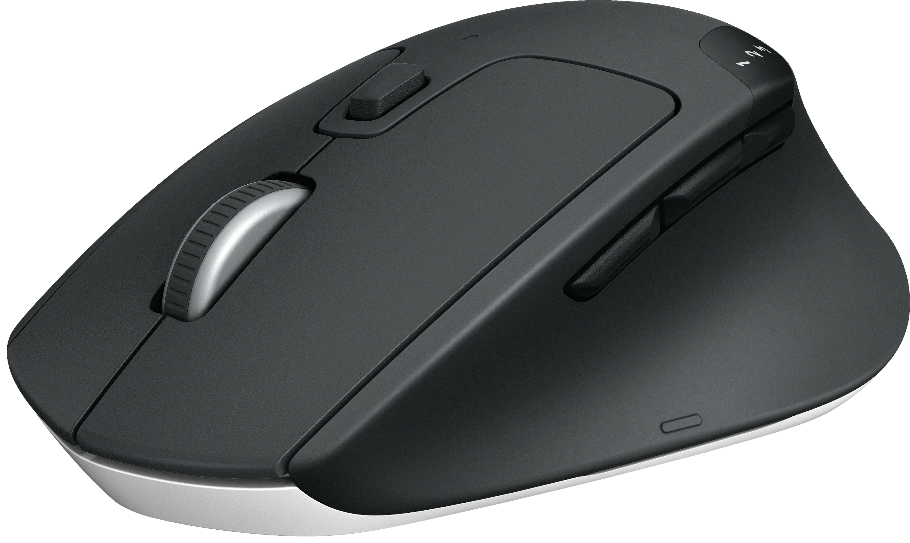 Schwarze Computermaus mit Tasten und einem Scrollrad. Schwarzer Hintergrund.