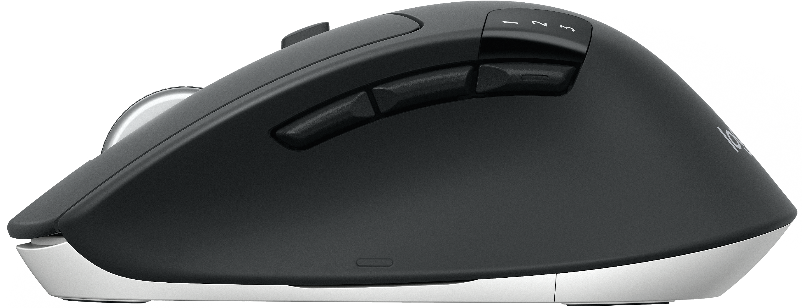 Schwarze und silberne Computermaus mit mehreren Tasten und Scrollrad.