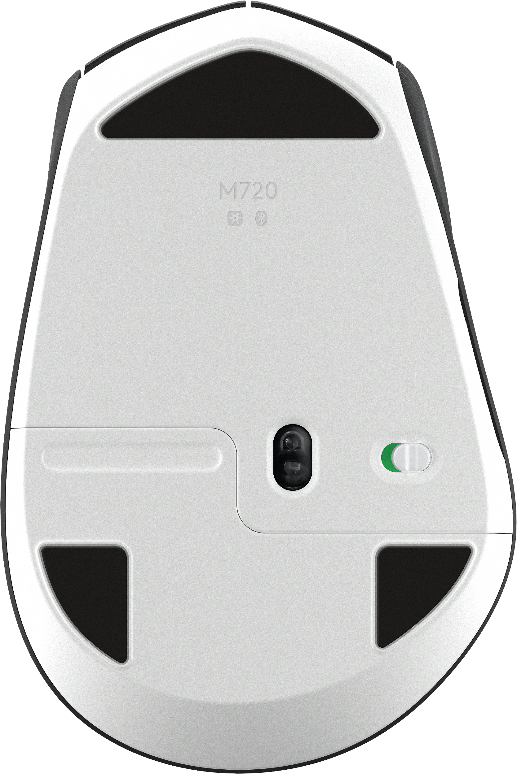 Weiße Unterseite einer Computermaus. Merkmale sind schwarze Pads, ein Schalter und das Bluetooth-Logo.