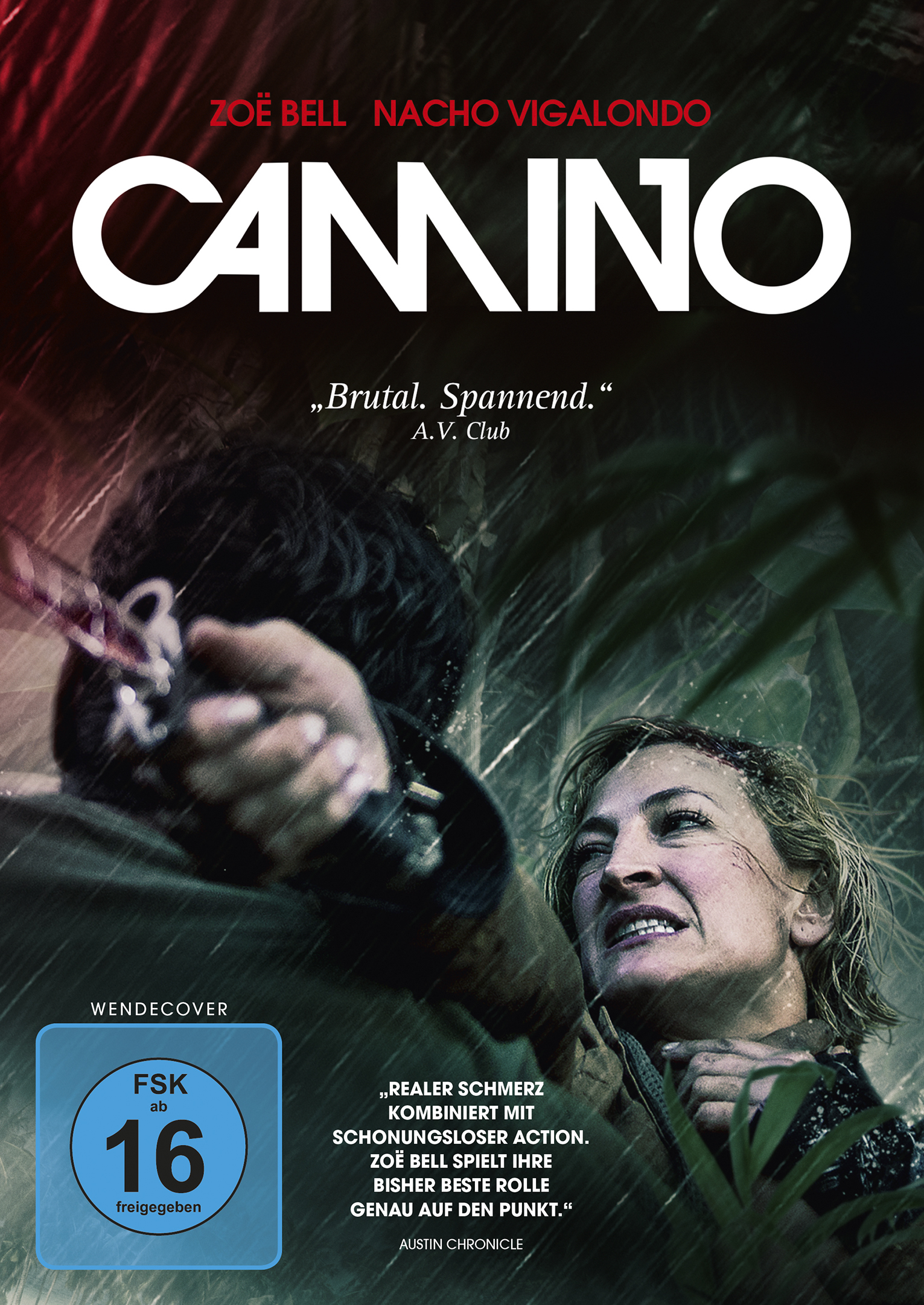 Filmposter für 'Camino' mit zwei Figuren, eine Frau wird gewürgt. Es regnet. Der Titel ist weiß.