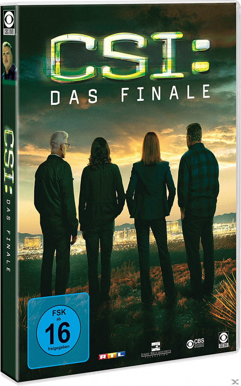 DVD-Hülle. Vier Personen stehen. Grüner und schwarzer Hintergrund. CSI: Das Finale-Text. Blauer Aufkleber mit Bewertung.