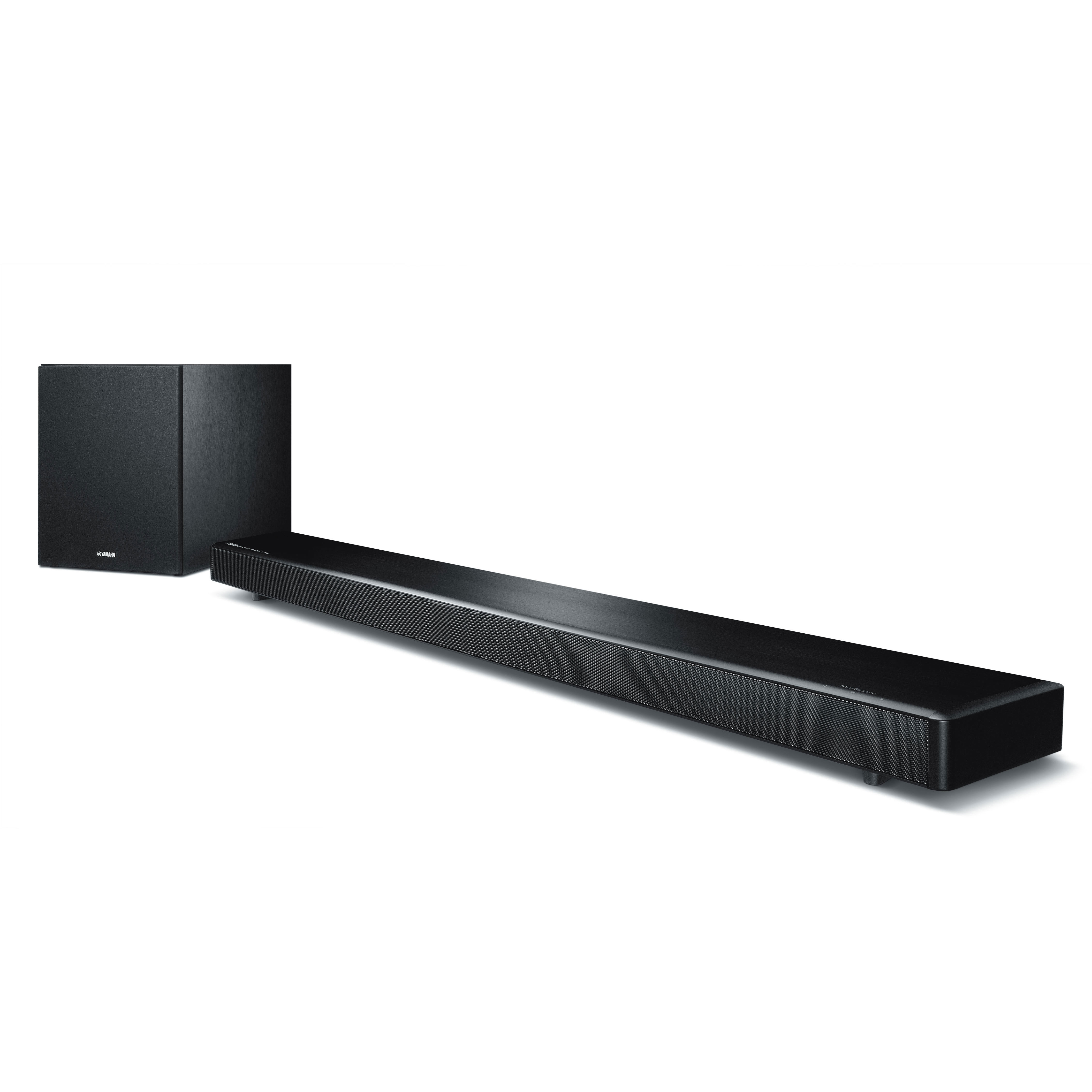 Schwarze Yamaha Soundbar und Subwoofer. Soundbar ist rechteckig, mit einer Mesh-Front. Subwoofer ist ein schwarzer Würfel, links platziert.