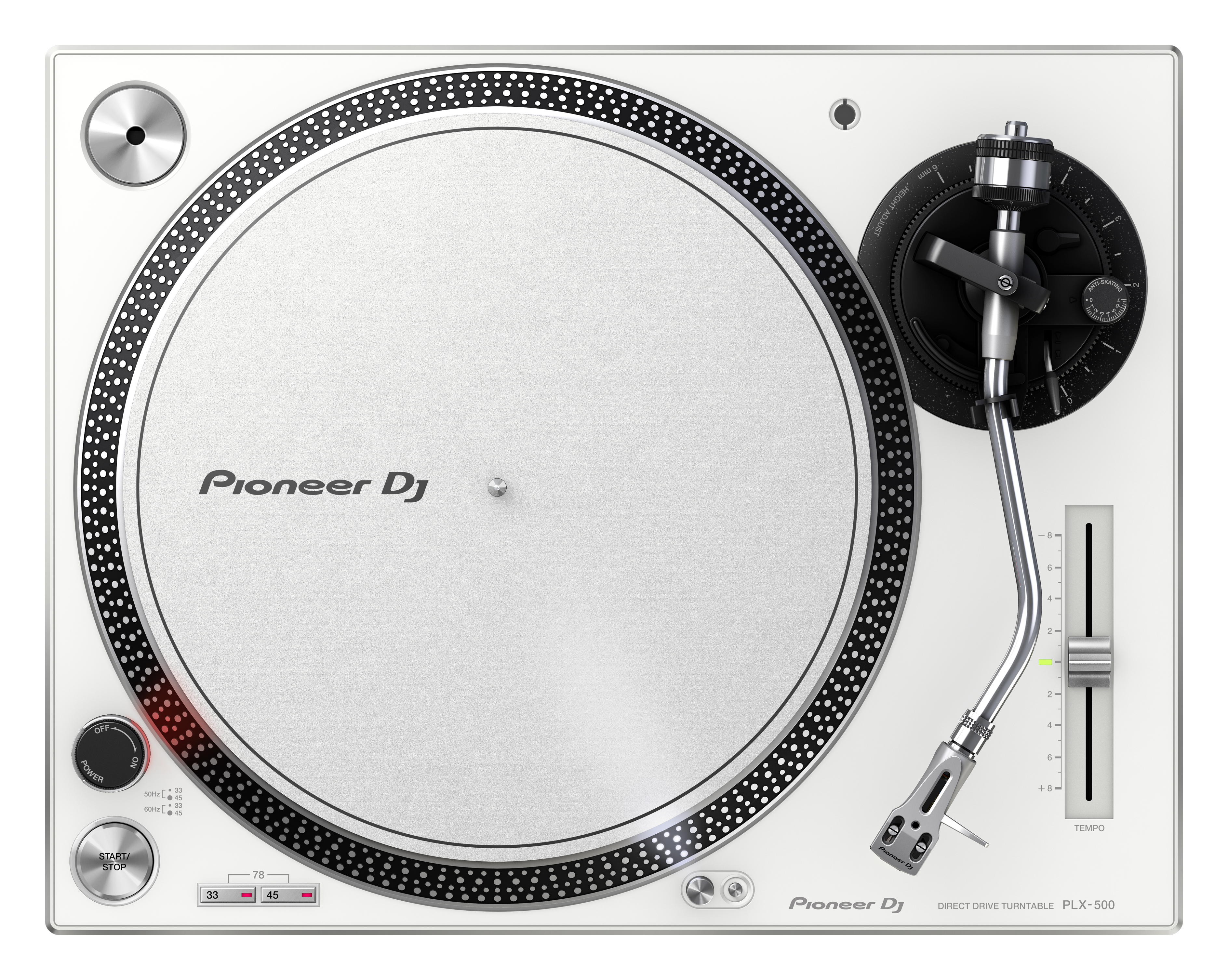 Vue de dessus d'une platine Pioneer DJ. Surface blanche avec des accents noirs, étiquetée avec des commandes.