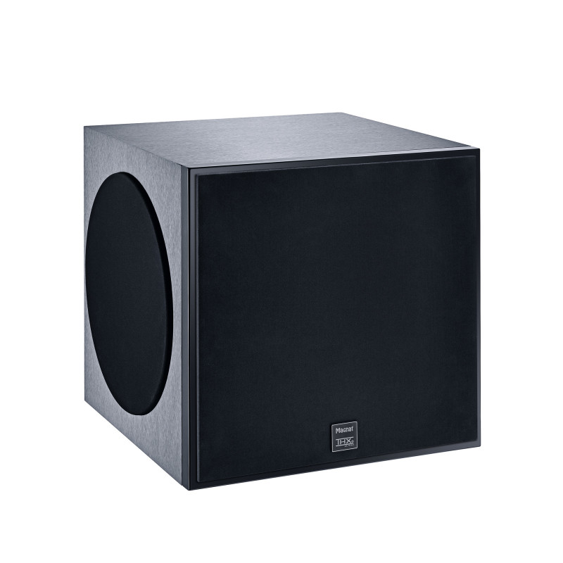 Subwoofer mit schwarzem Lautsprecher und grauen Seiten.