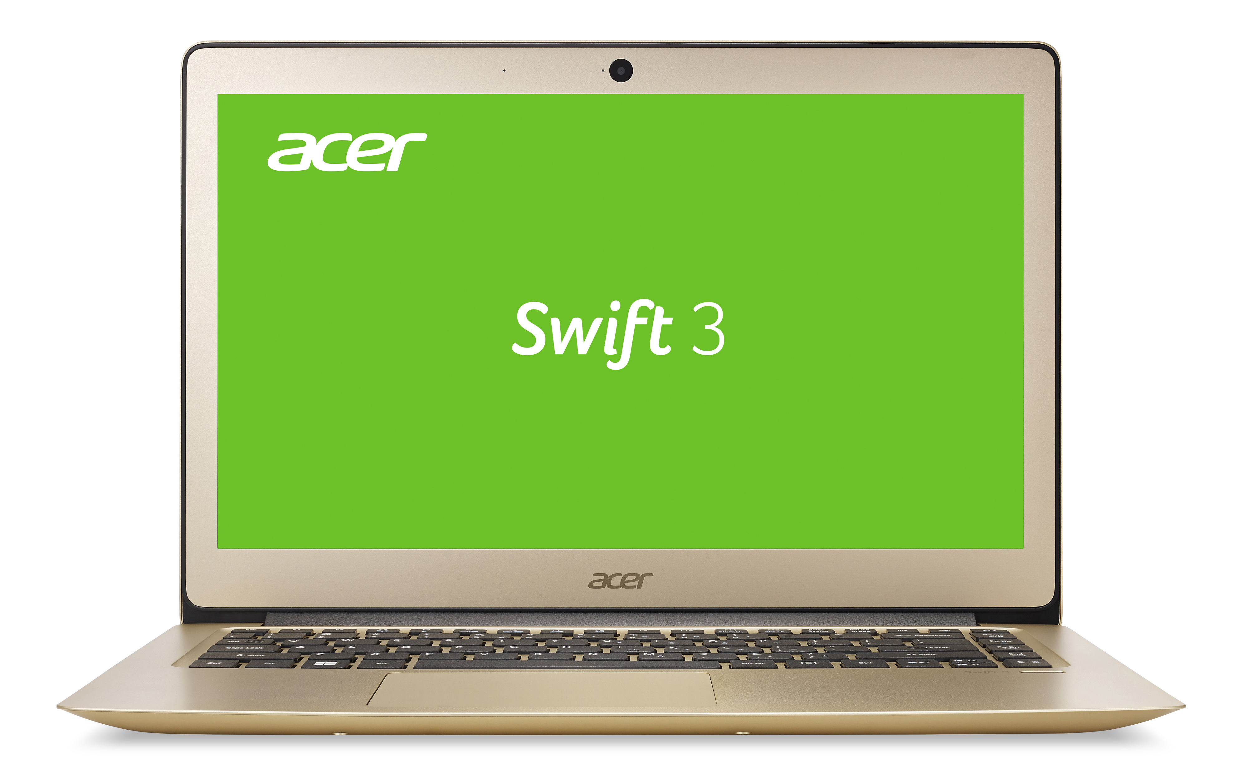Goldfarbener Acer Swift 3 Laptop mit grünem Bildschirm, der das Modell anzeigt.