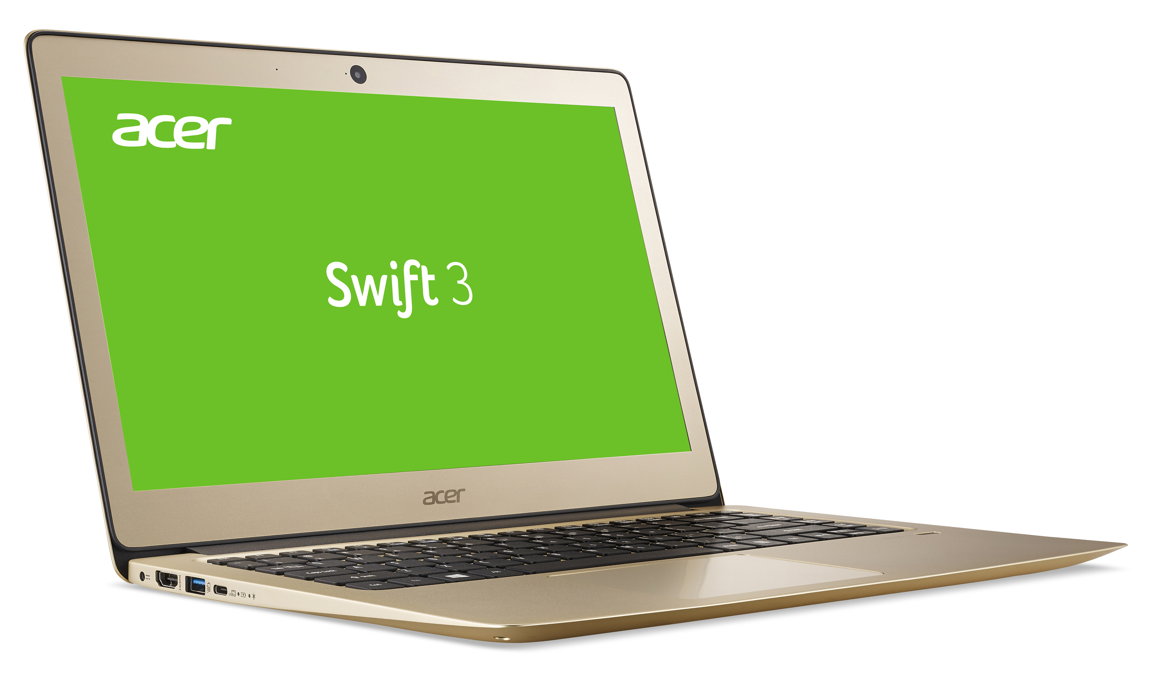 Goldfarbener Acer Swift 3 Laptop auf weißem Hintergrund mit grünem Bildschirm.