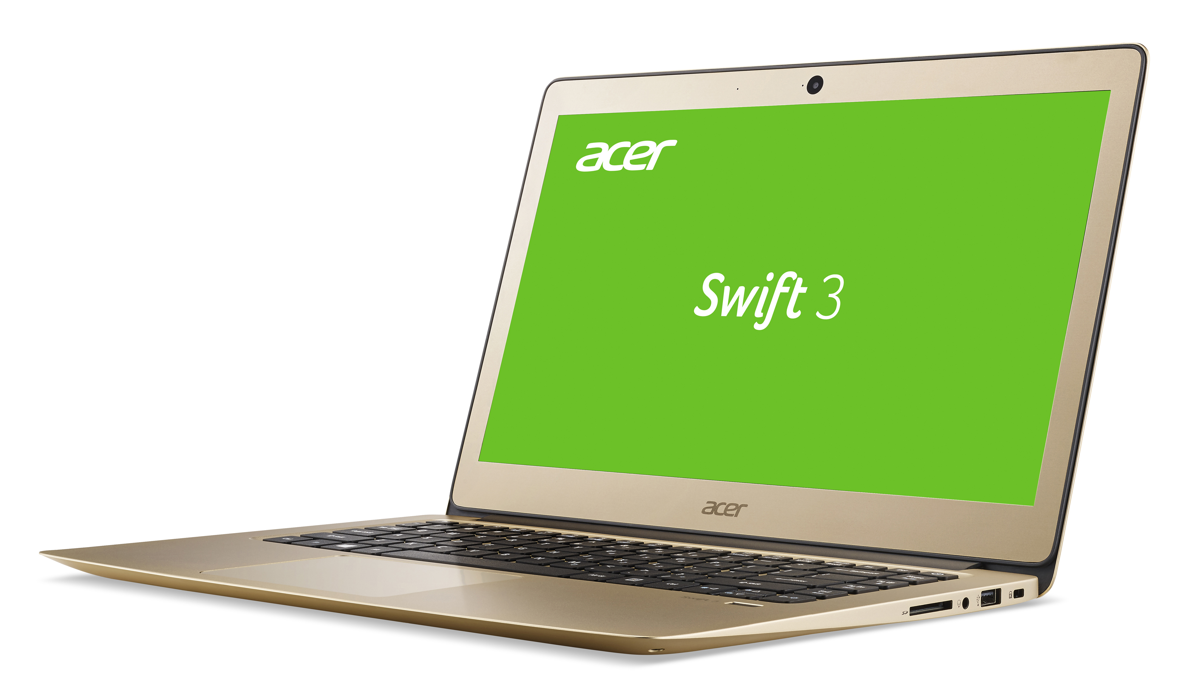 Ein goldener Acer Swift 3 Laptop auf weißem Hintergrund, der Bildschirm zeigt ein grünes Logo.
