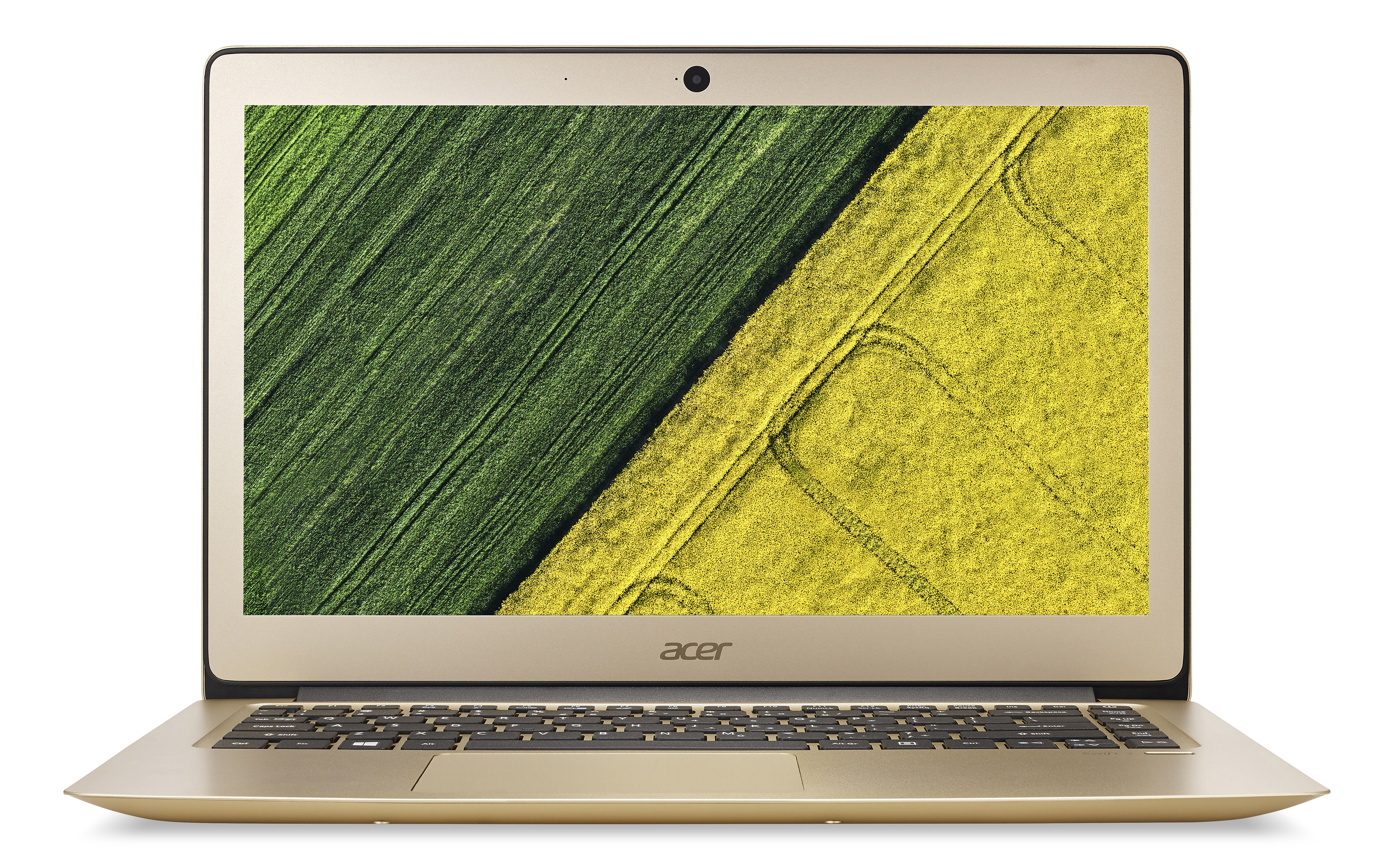 Ein goldfarbener Acer Laptop ist geöffnet und zeigt ein lebendiges grünes und gelbes Feld als Hintergrund.
