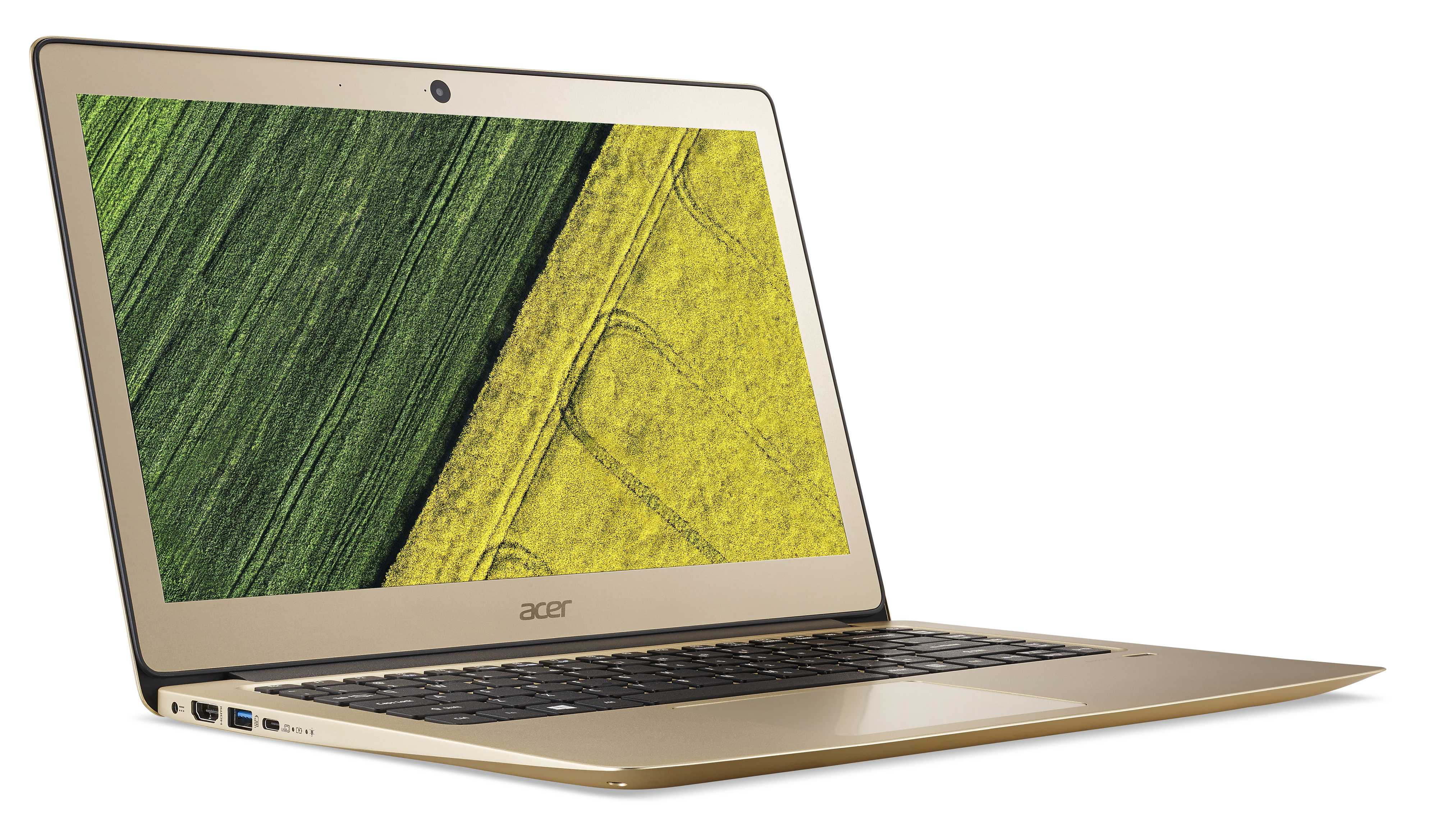 Goldfarbener Acer-Laptop auf weißem Hintergrund mit grün-gelbem Bildschirmhintergrund.