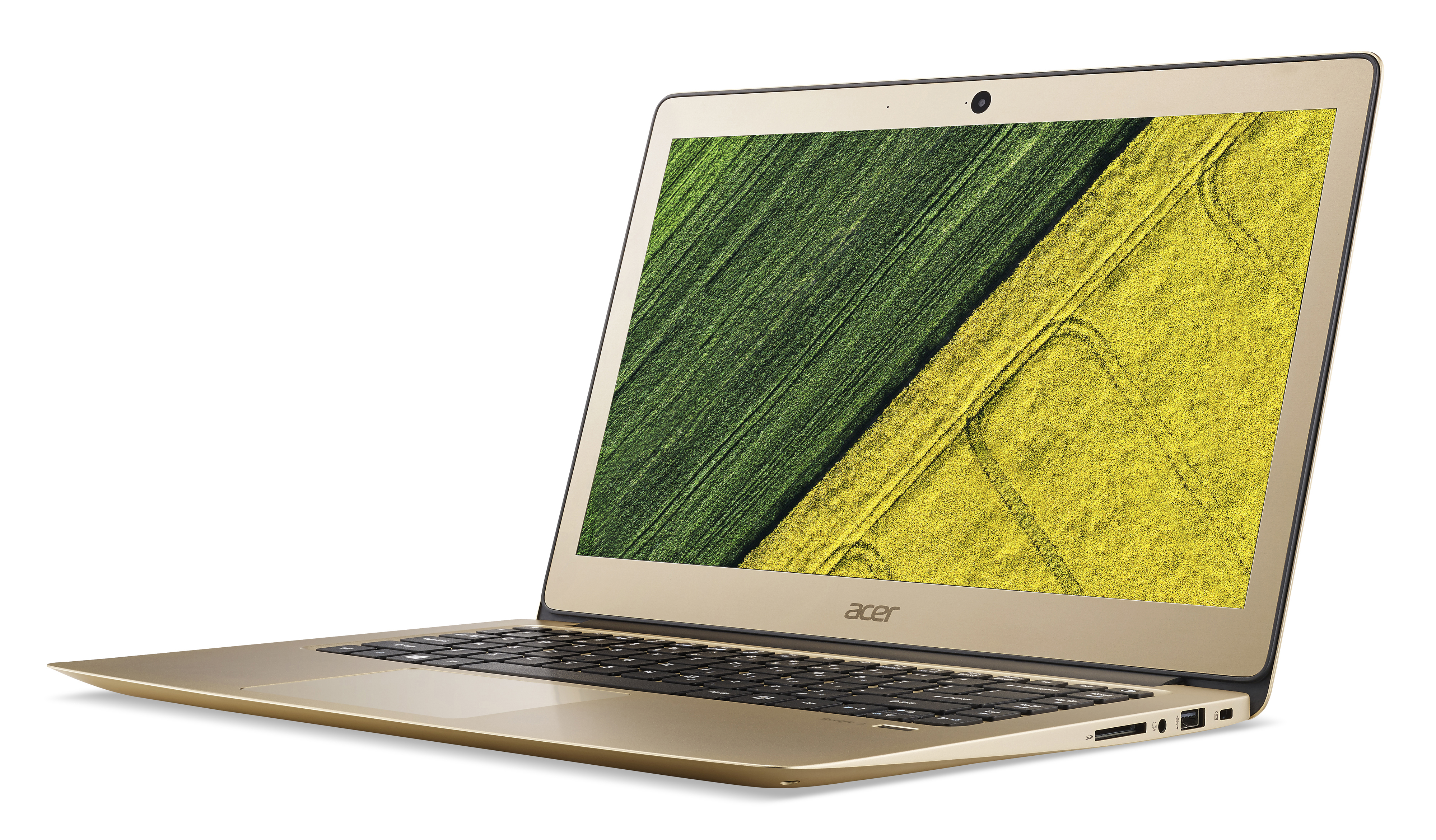 Goldfarbener Acer-Laptop mit offenem Bildschirm und grünen und gelben Feldern, isoliert auf weißem Hintergrund.