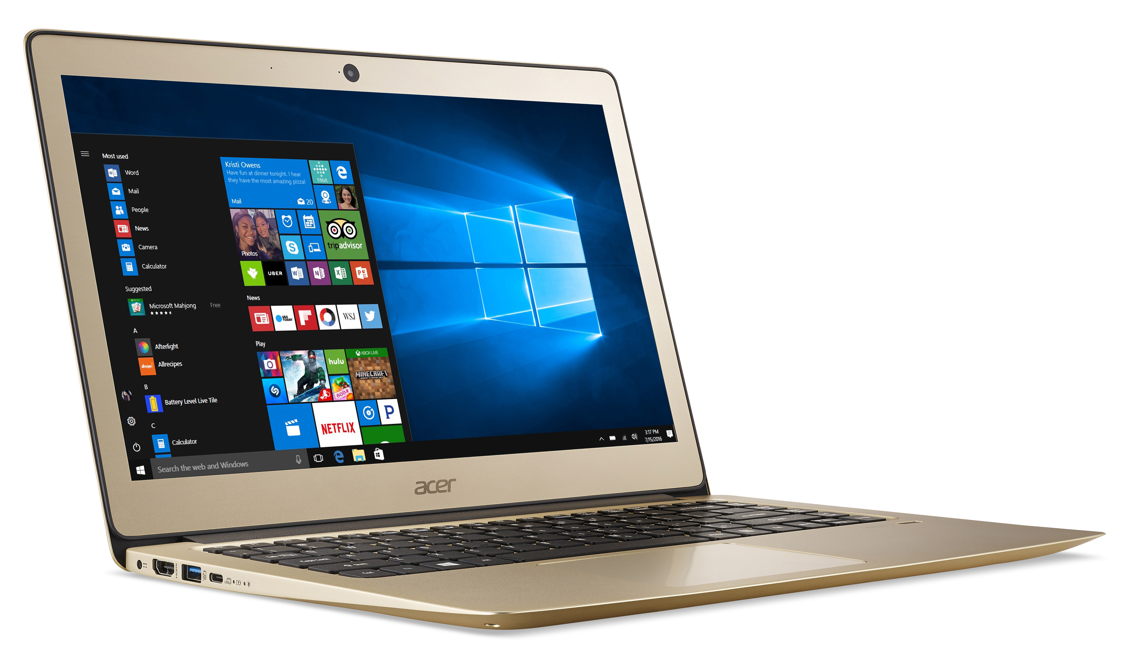 Ein goldfarbener Acer-Laptop ist aufgeklappt und zeigt das Windows 10 Startmenü vor weißem Hintergrund.