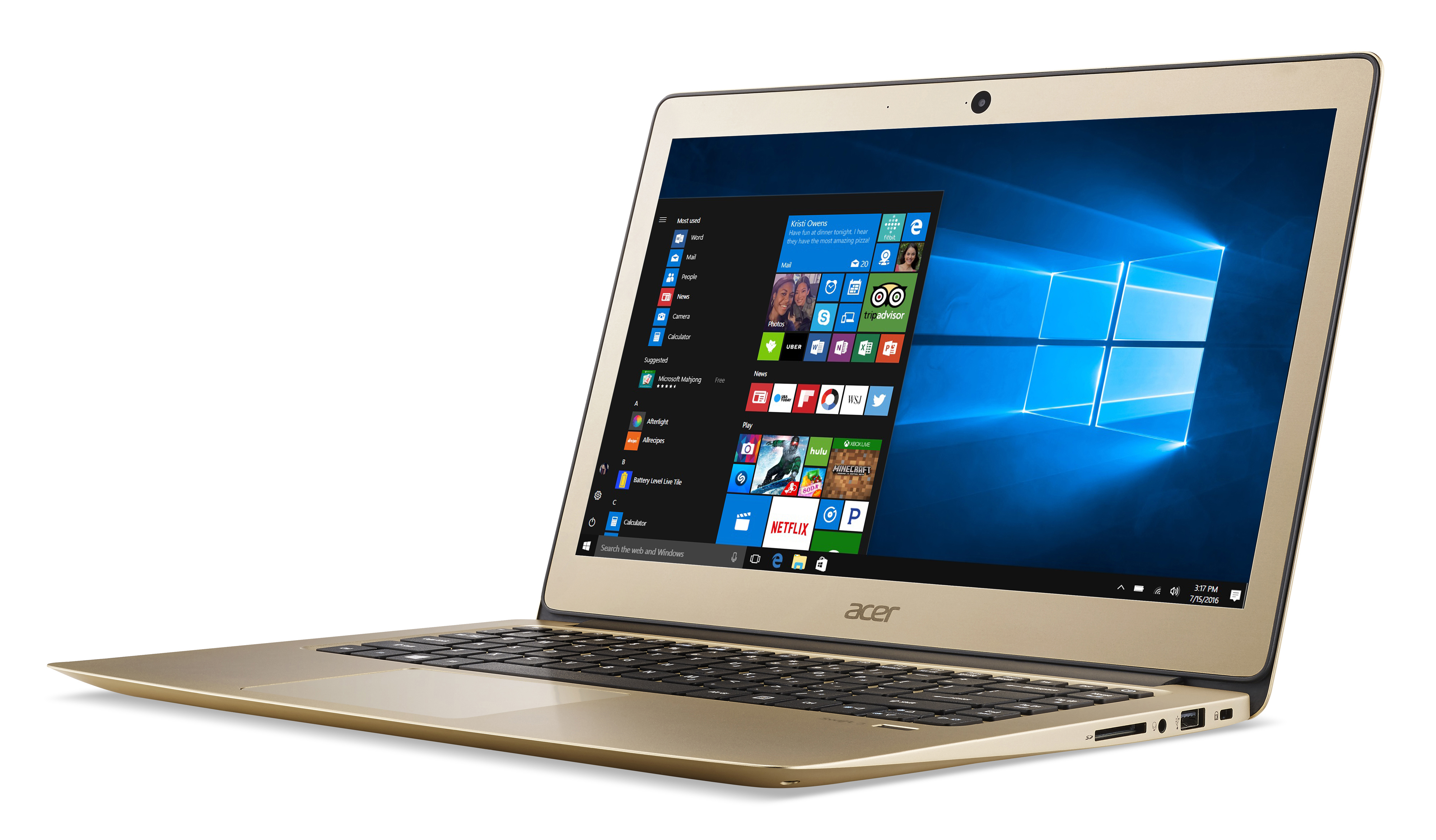 Ein goldfarbener Acer-Laptop zeigt das Windows 10 Startmenü vor weißem Hintergrund.