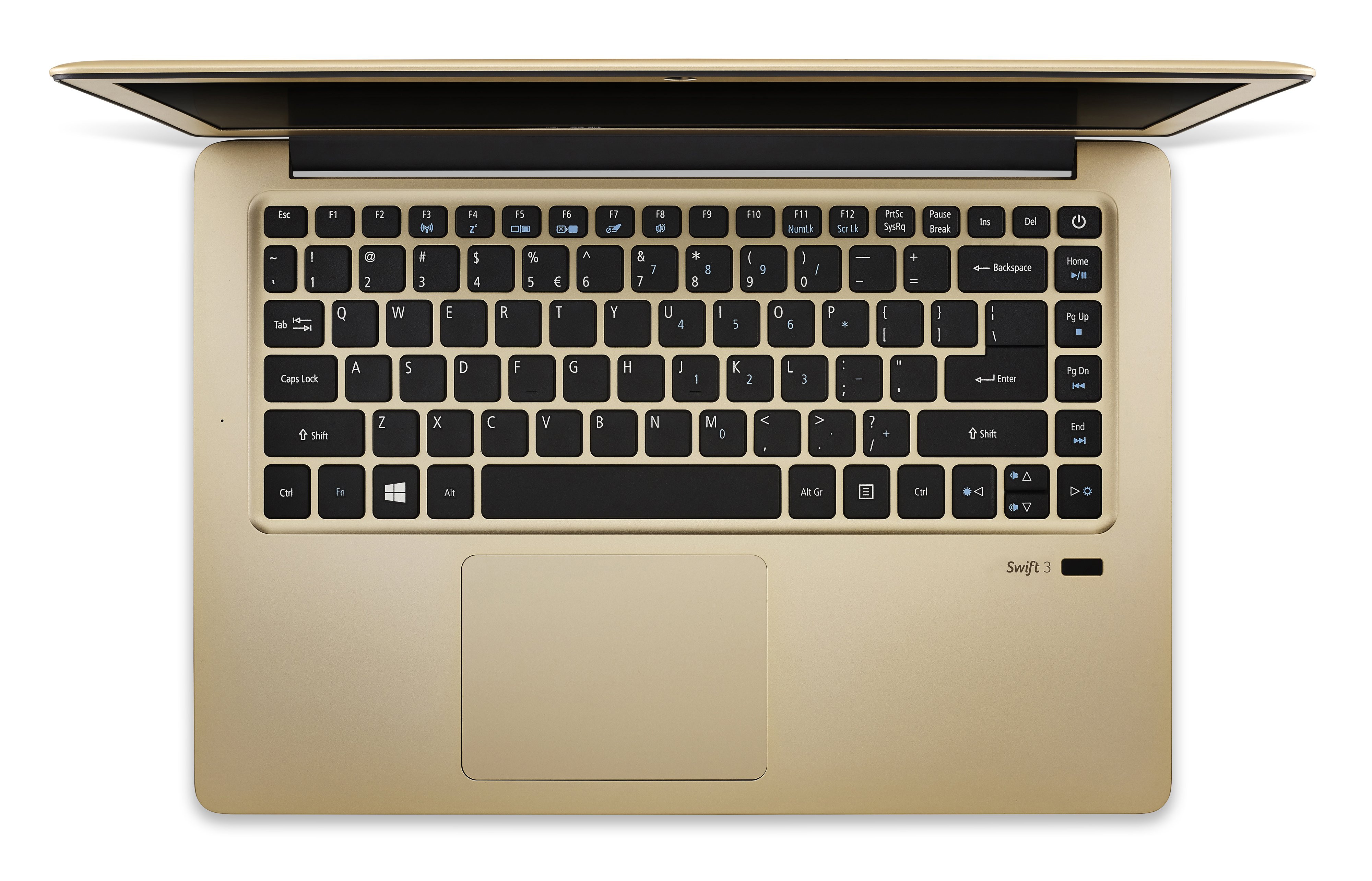 Ansicht von oben auf einen geöffneten goldenen Laptop mit schwarzer Tastatur und Trackpad.